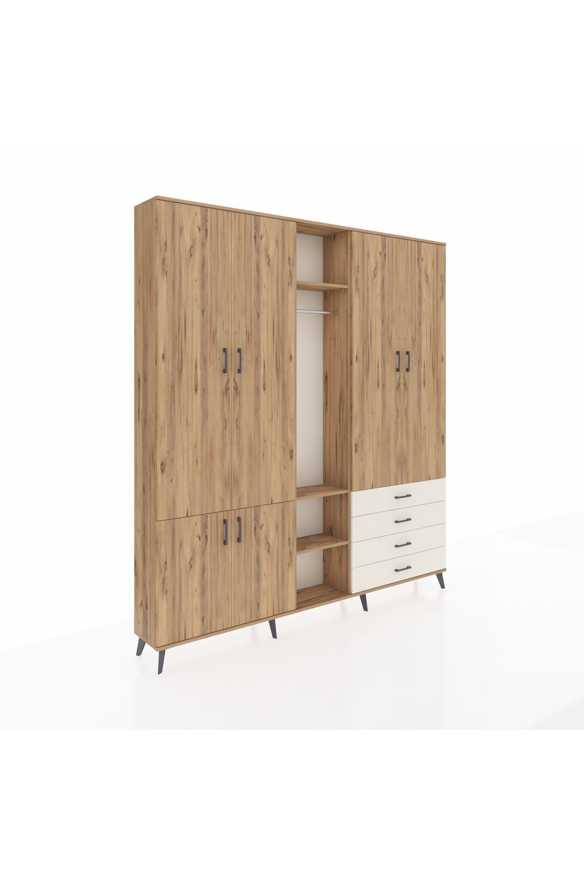 Arges Dolap 14 Raflı 4 Çekmeceli Tek Askılı 220x30x243 Çam-Çam/Aytaşı