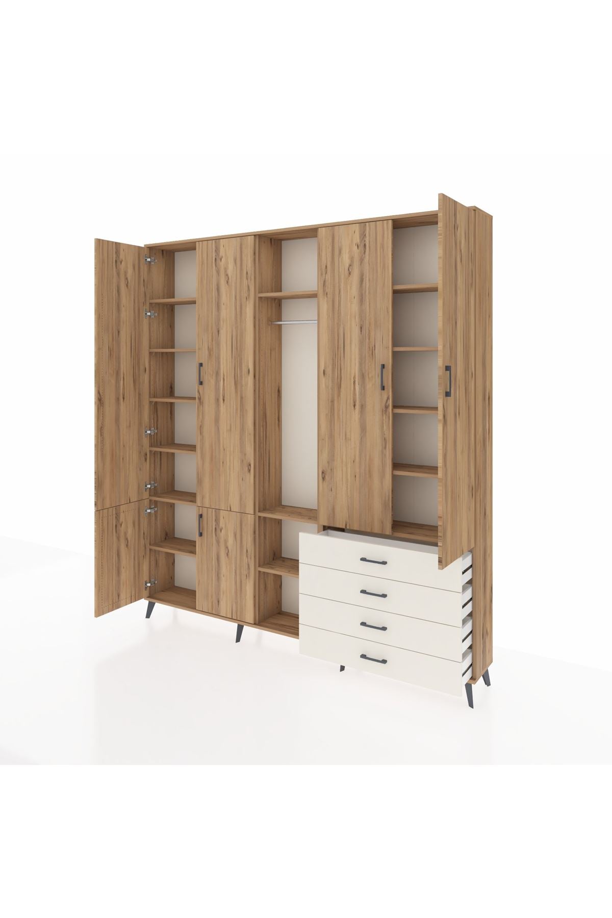 Arges Dolap 14 Raflı 4 Çekmeceli Tek Askılı 220x30x243 Çam-Çam/Aytaşı