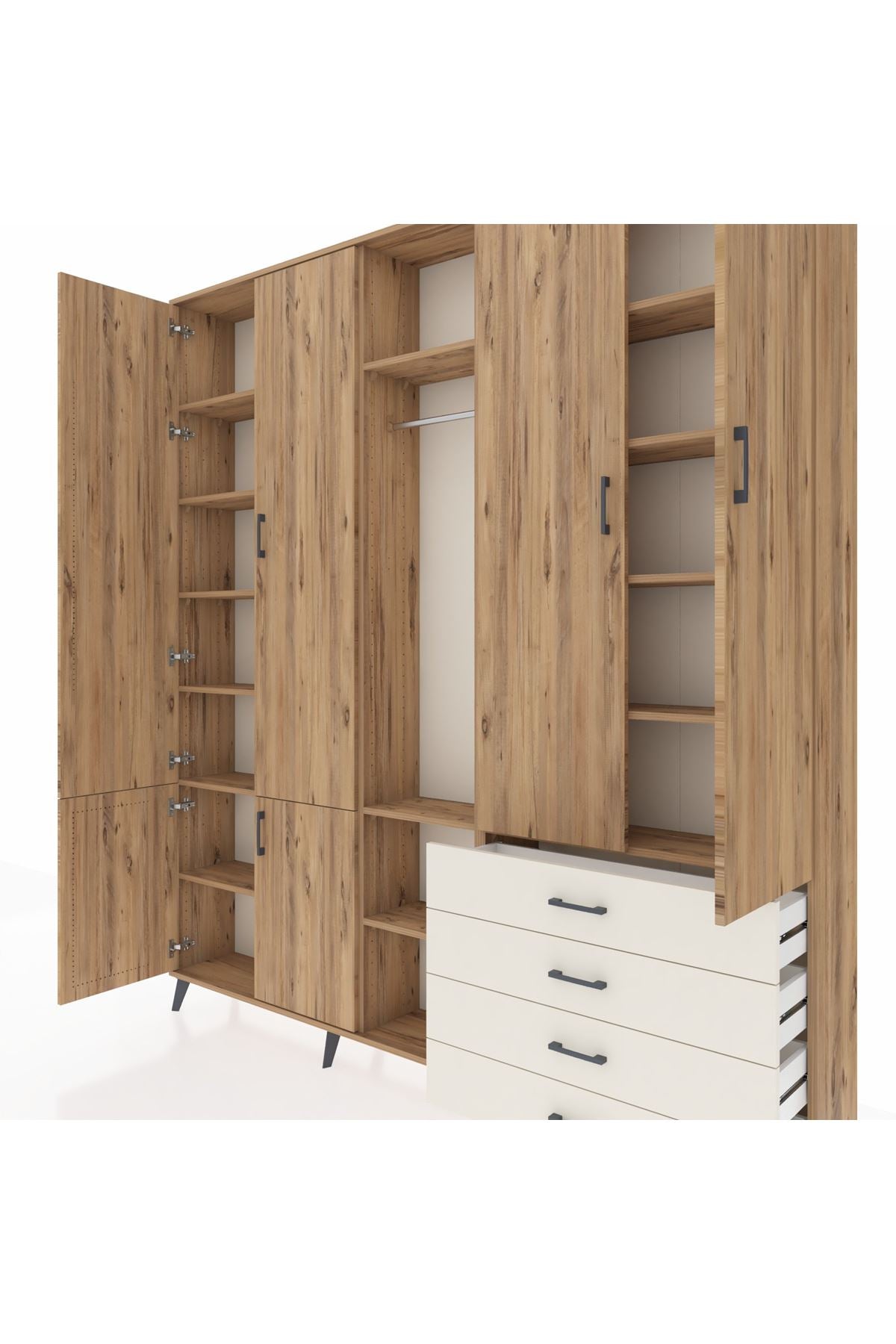 Arges Dolap 14 Raflı 4 Çekmeceli Tek Askılı 220x30x243 Çam-Çam/Aytaşı