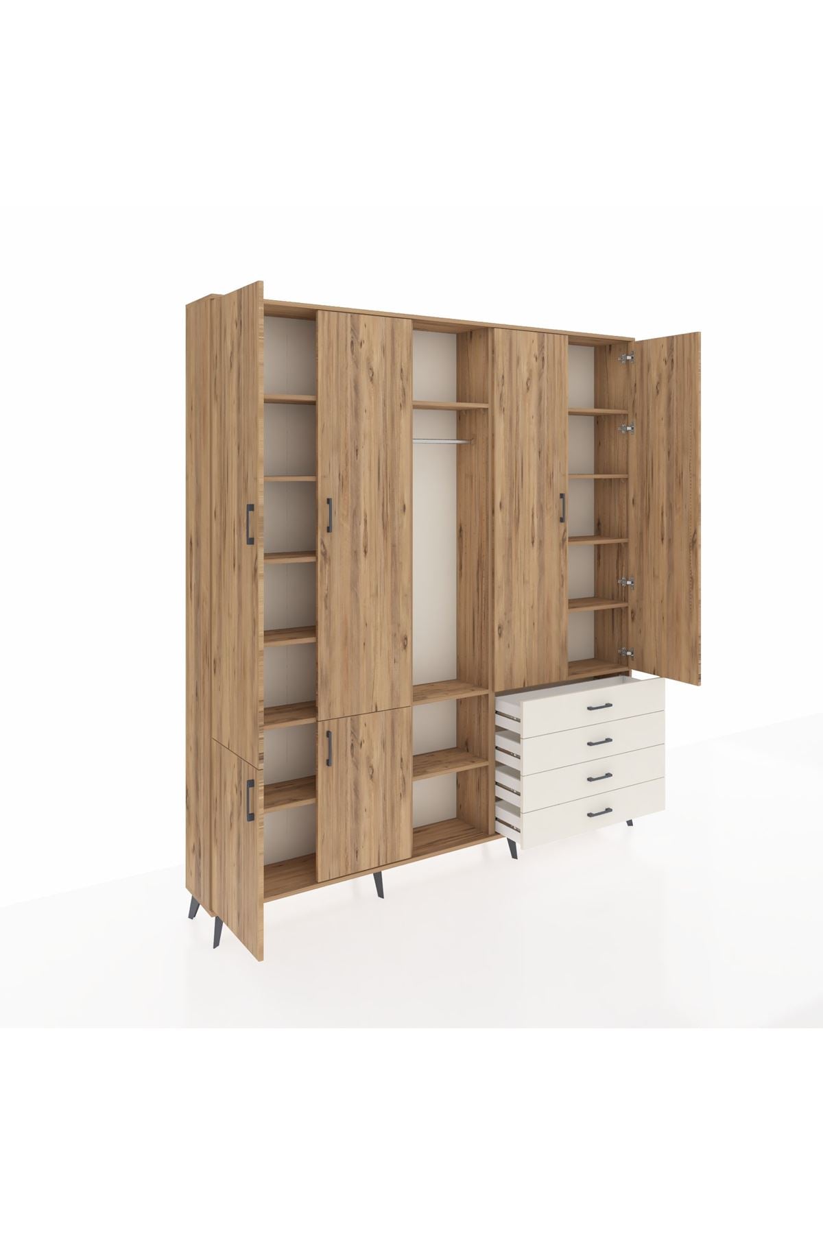 Arges Dolap 14 Raflı 4 Çekmeceli Tek Askılı 220x30x243 Çam-Çam/Aytaşı