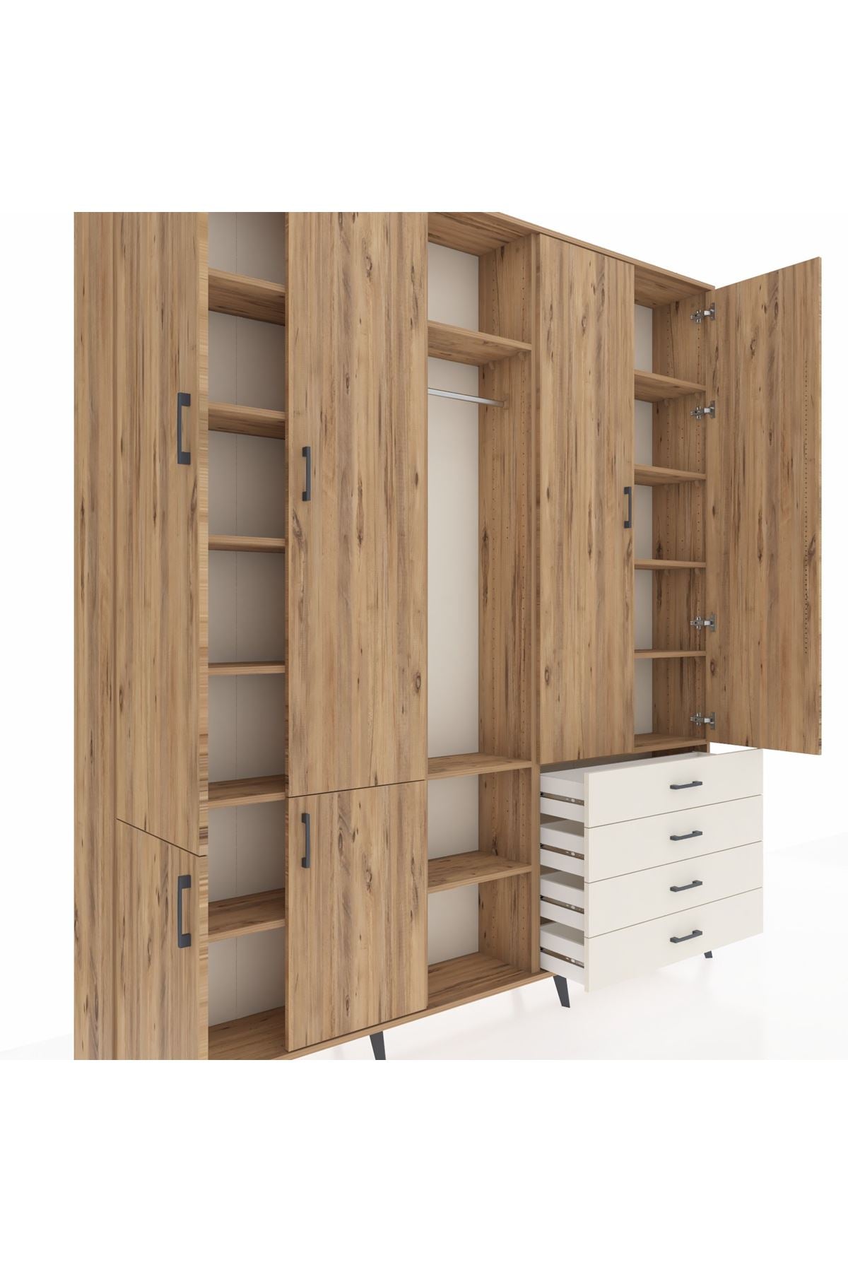 Arges Dolap 14 Raflı 4 Çekmeceli Tek Askılı 220x30x243 Çam-Çam/Aytaşı