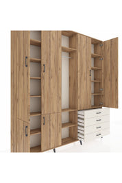Arges Dolap 14 Raflı 4 Çekmeceli Tek Askılı 220x30x243 Çam-Çam/Aytaşı