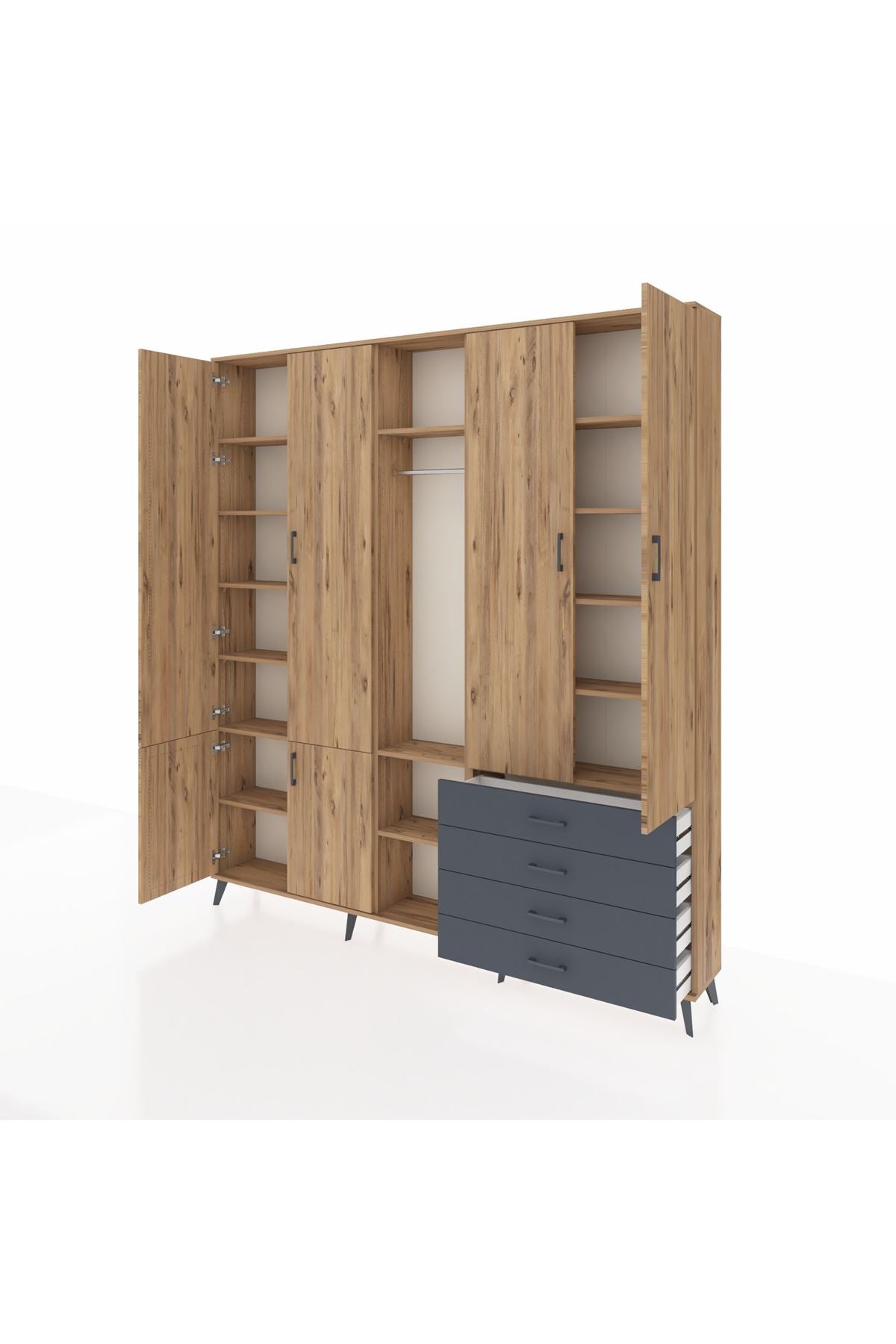 Arges Dolap 14 Raflı 4 Çekmeceli Tek Askılı 220x30x243 Çam-Çam/Antrasit