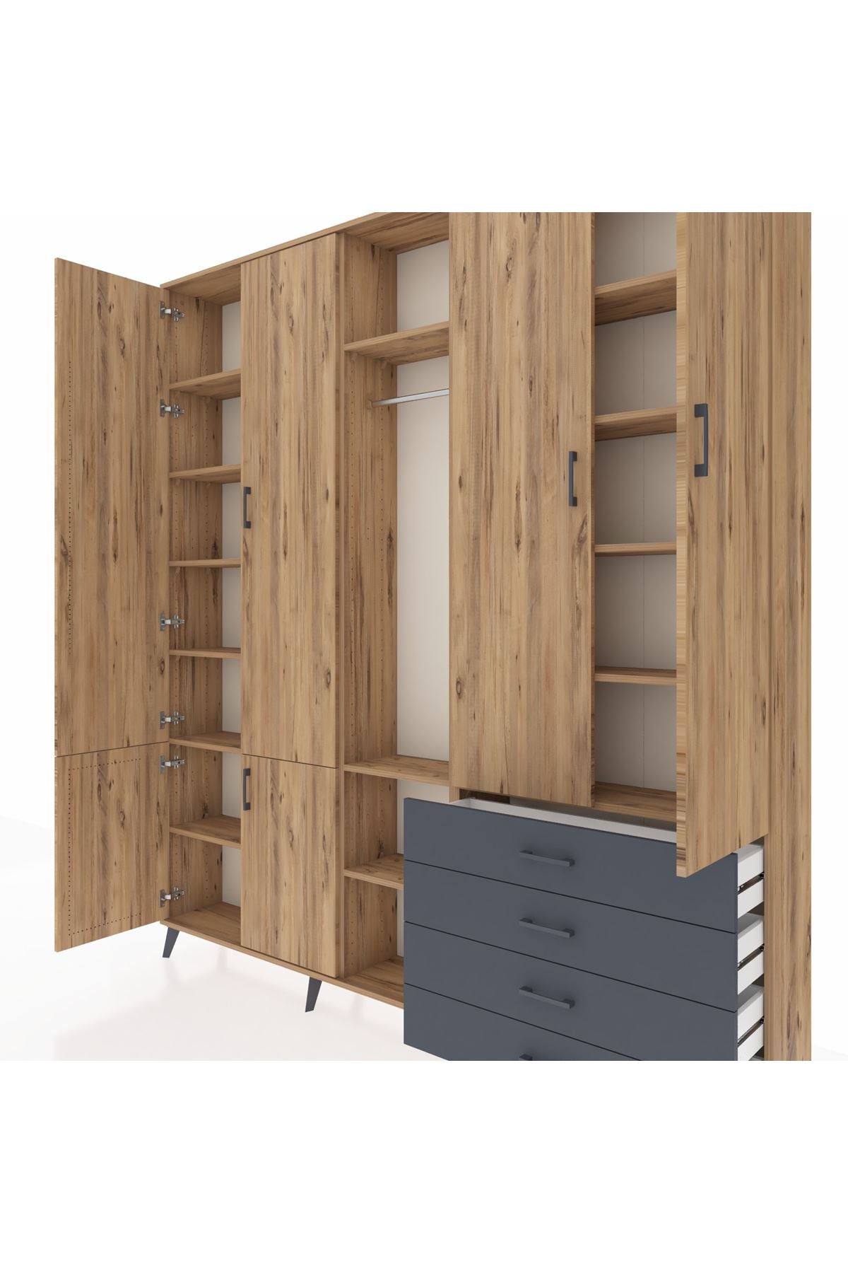 Arges Dolap 14 Raflı 4 Çekmeceli Tek Askılı 220x30x243 Çam-Çam/Antrasit