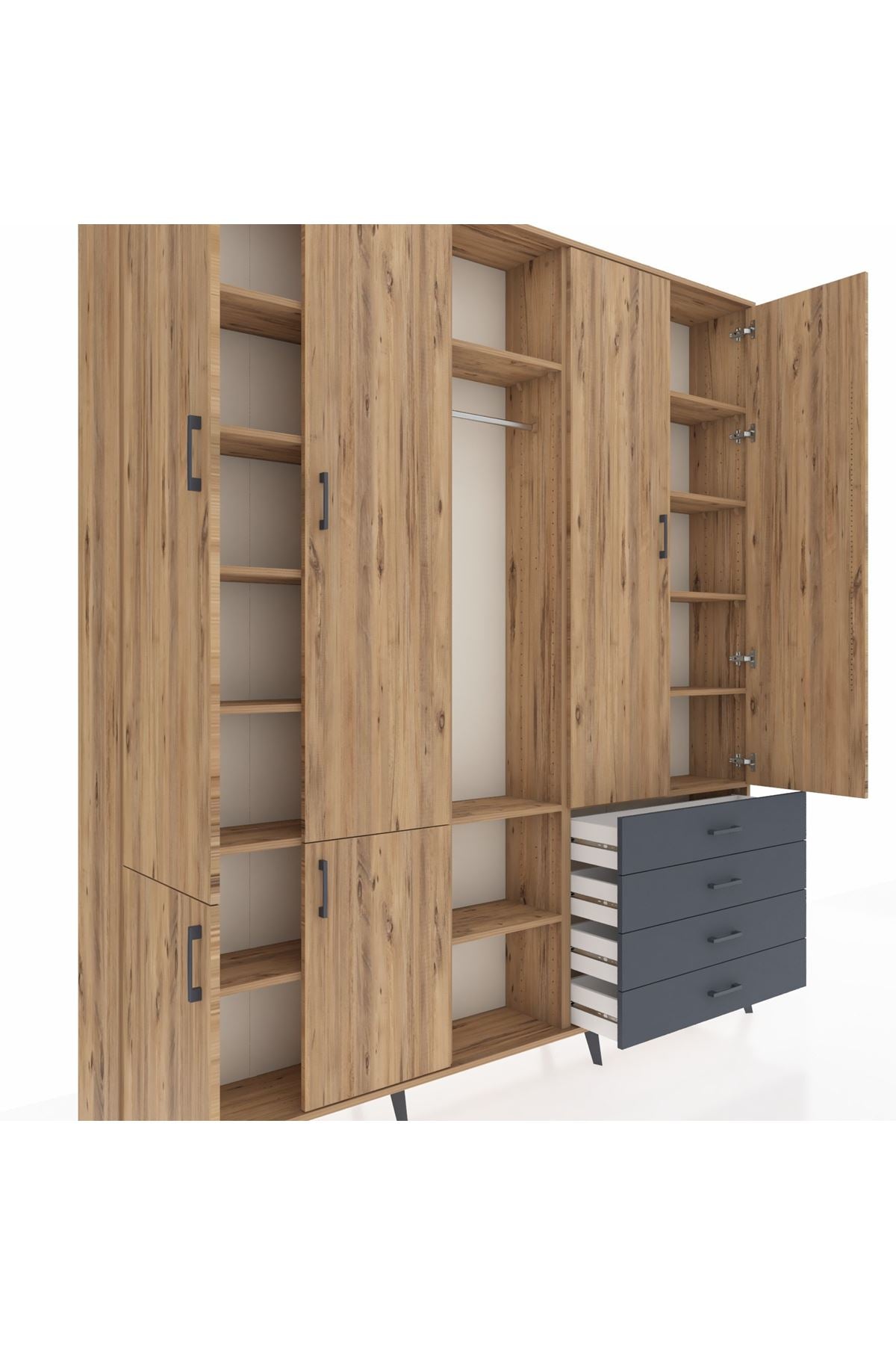 Arges Dolap 14 Raflı 4 Çekmeceli Tek Askılı 220x30x243 Çam-Çam/Antrasit