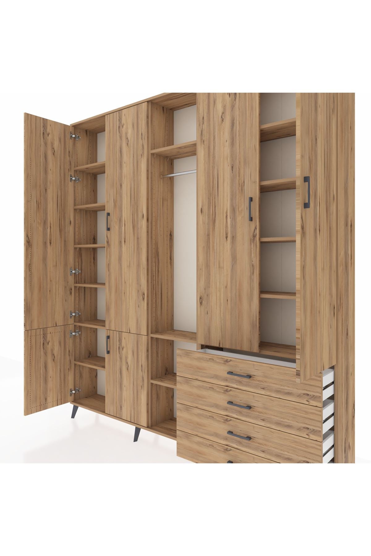 Arges Gardrop 14 Raflı 4 Çekmeceli Tek Askılı 220x30x243 Çam-Çam