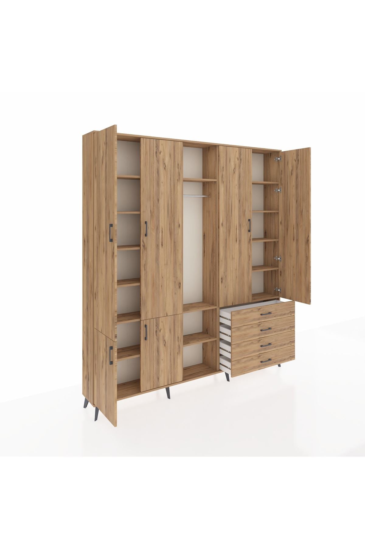 Arges Gardrop 14 Raflı 4 Çekmeceli Tek Askılı 220x30x243 Çam-Çam