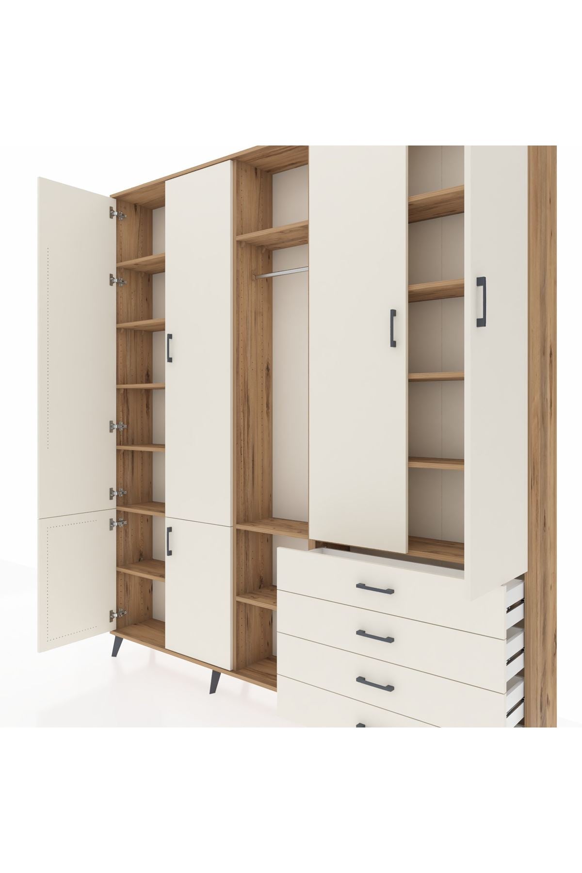 Arges Gardrop 14 Raflı 4 Çekmeceli Tek Askılı 220x30x243 Çam-Aytaşı