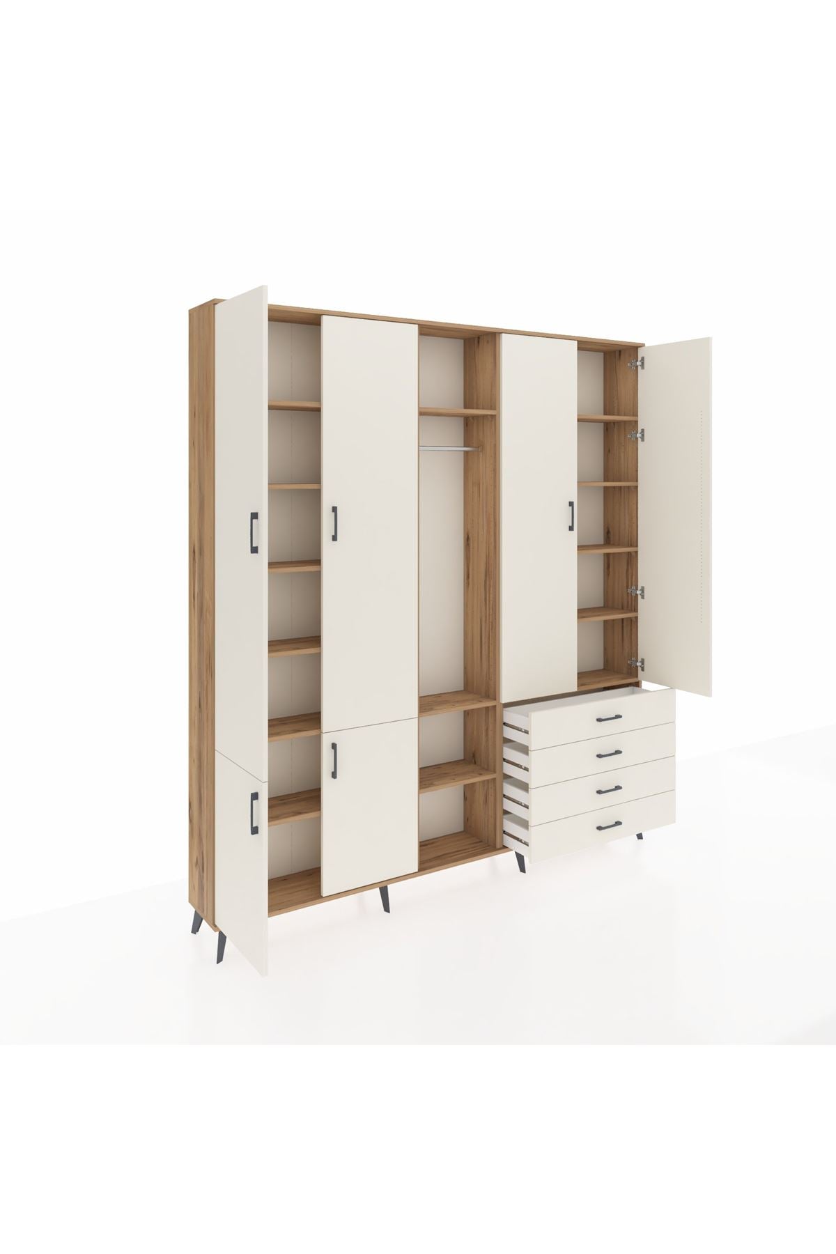 Arges Gardrop 14 Raflı 4 Çekmeceli Tek Askılı 220x30x243 Çam-Aytaşı