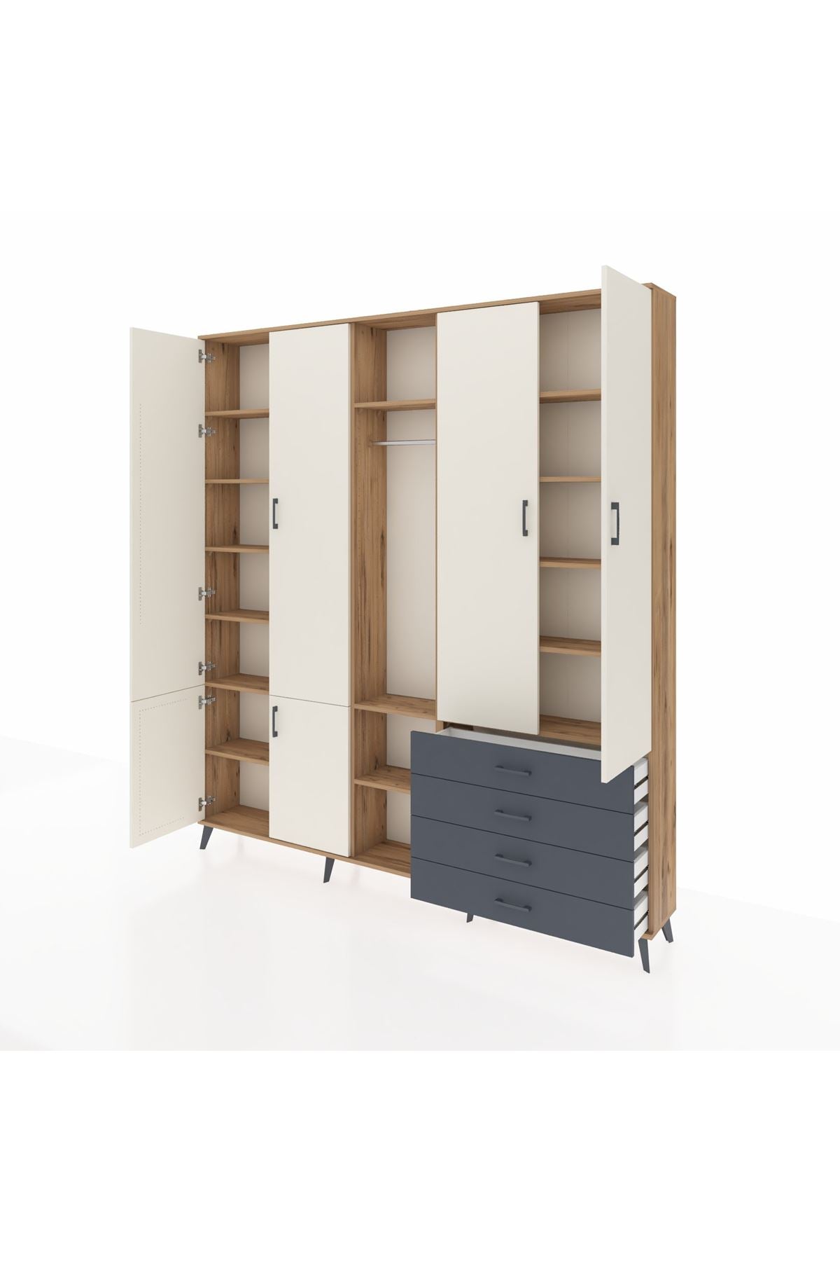 Arges Dolap 14 Raflı 4 Çekmeceli Tek Askılı 220x30x243 Çam-Aytaşı/Antrasit
