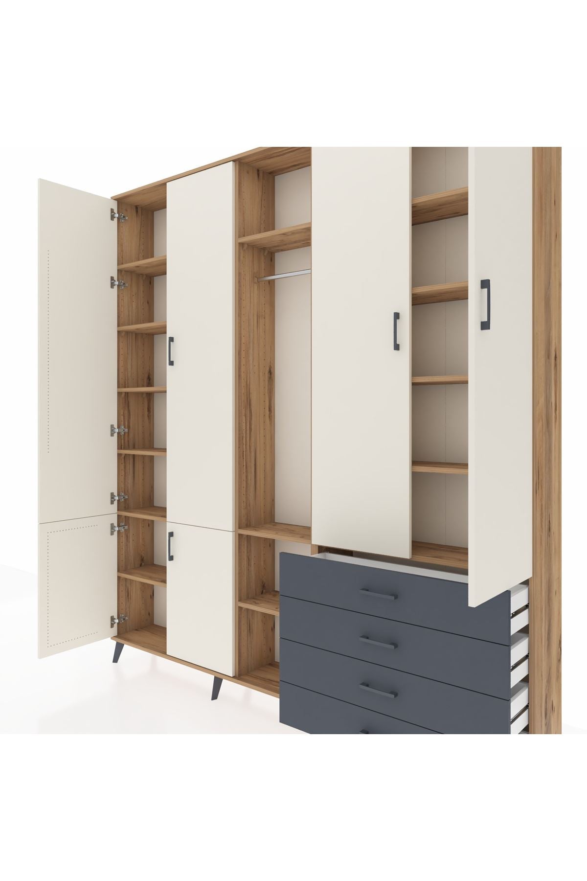 Arges Dolap 14 Raflı 4 Çekmeceli Tek Askılı 220x30x243 Çam-Aytaşı/Antrasit