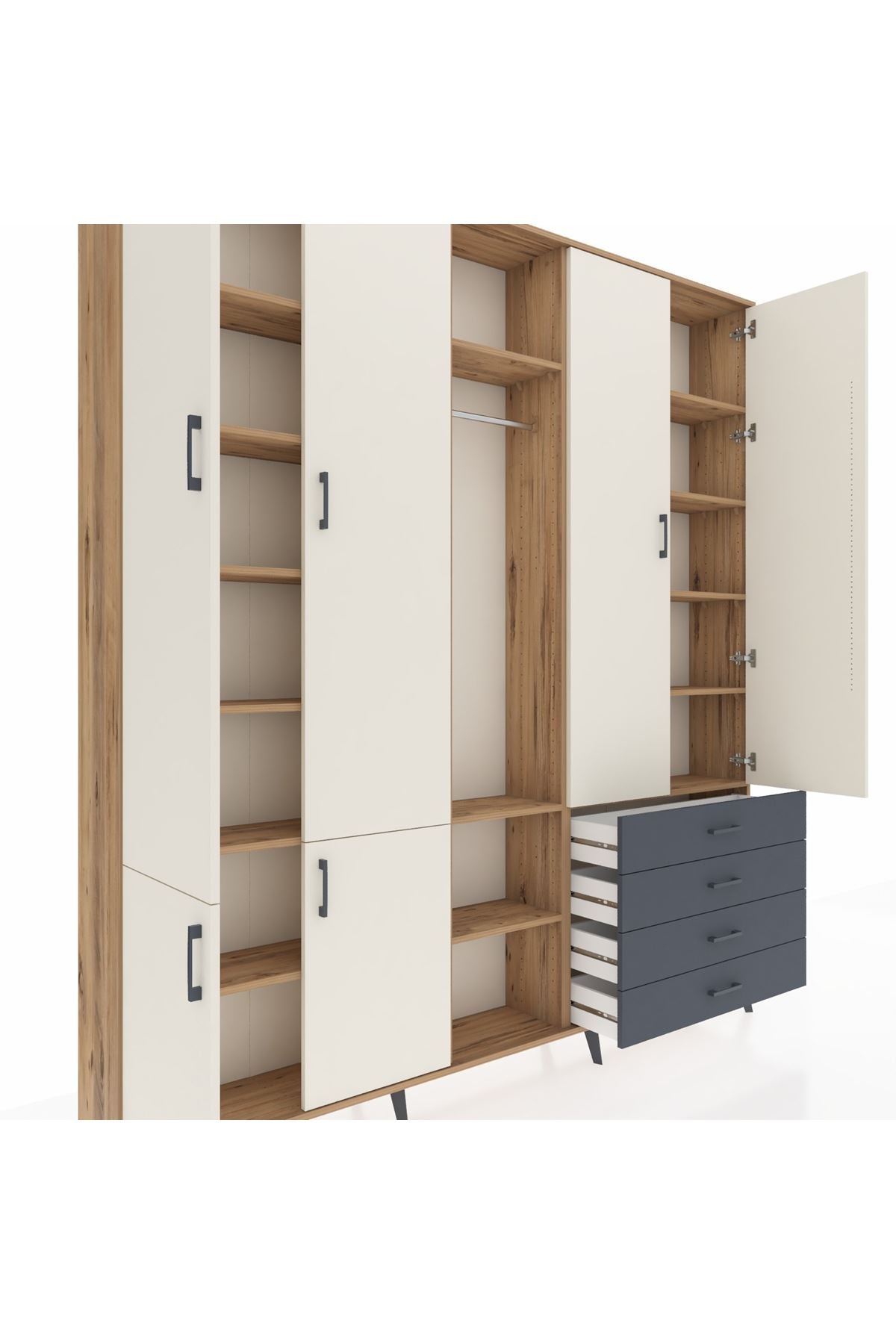 Arges Dolap 14 Raflı 4 Çekmeceli Tek Askılı 220x30x243 Çam-Aytaşı/Antrasit