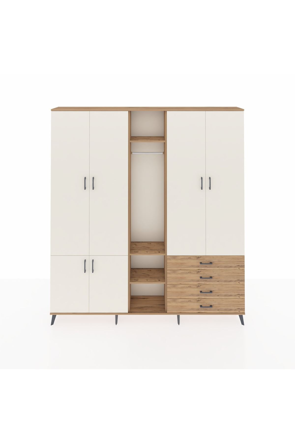 Arges Dolap 14 Raflı 4 Çekmeceli Tek Askılı 220x30x243 Çam-Aytaşı/Çam