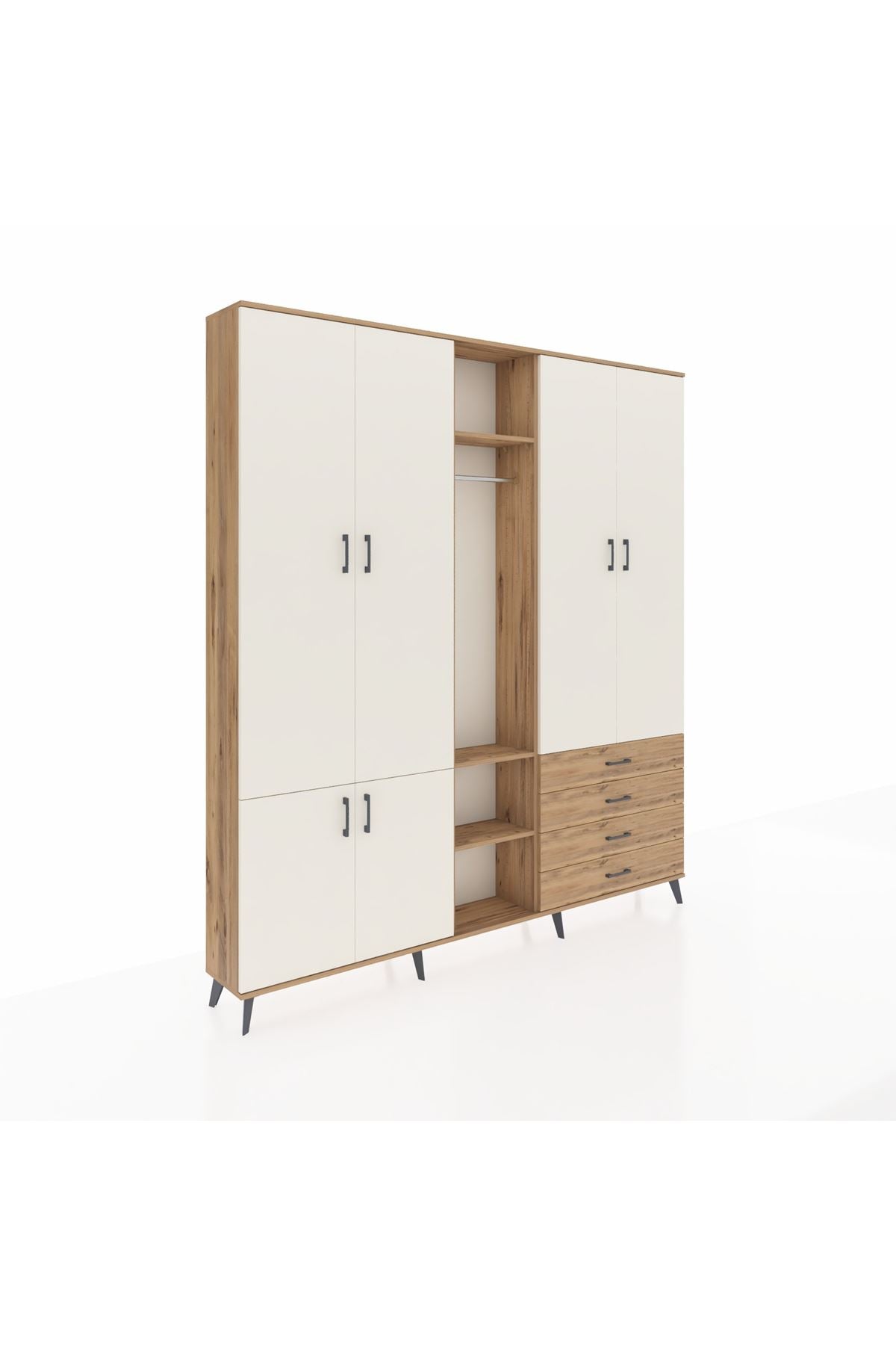 Arges Dolap 14 Raflı 4 Çekmeceli Tek Askılı 220x30x243 Çam-Aytaşı/Çam