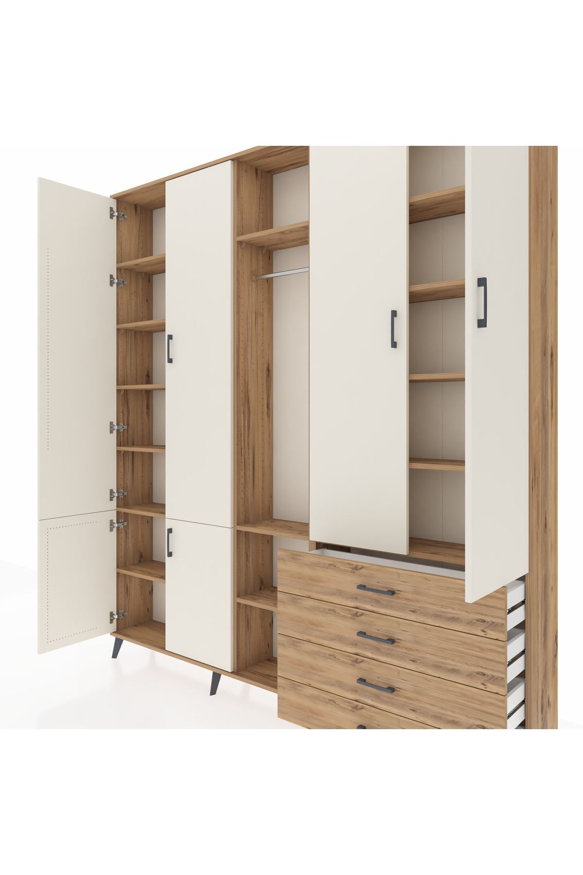 Arges Dolap 14 Raflı 4 Çekmeceli Tek Askılı 220x30x243 Çam-Aytaşı/Çam