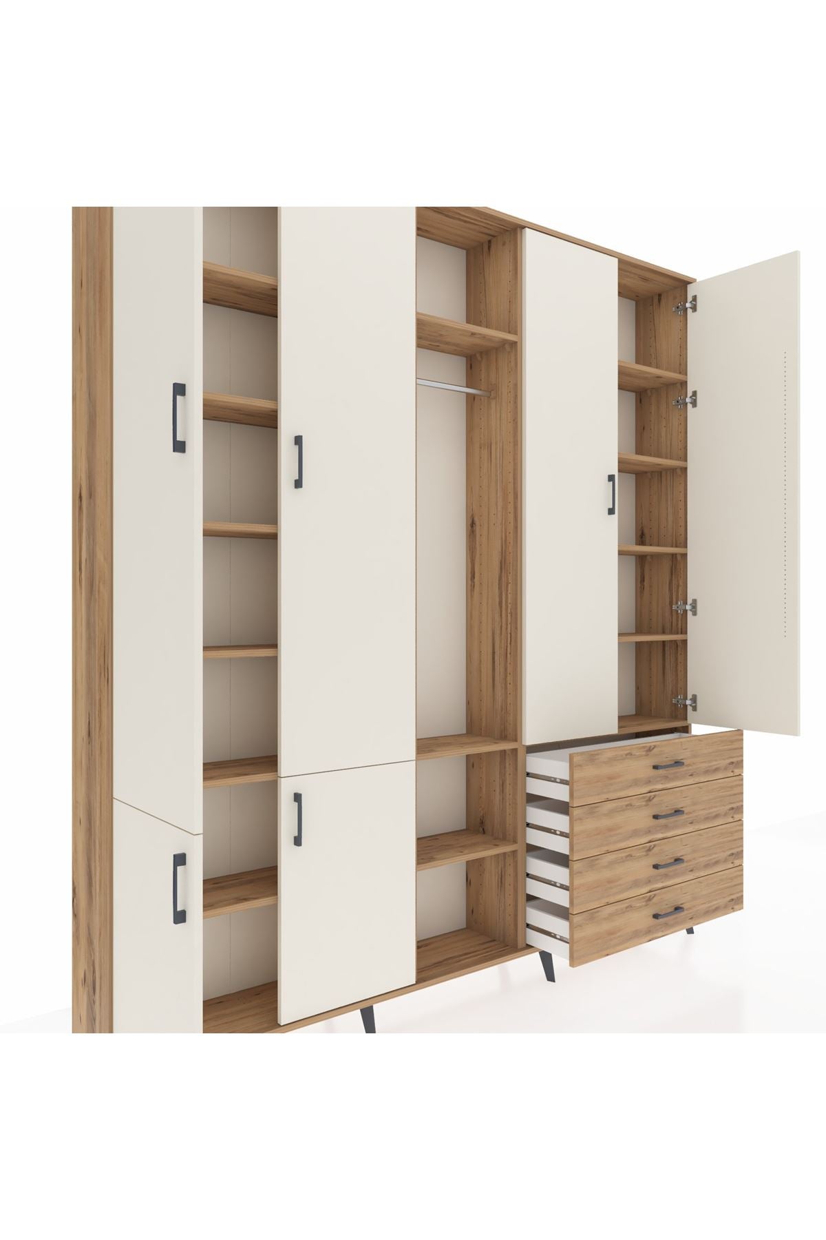 Arges Dolap 14 Raflı 4 Çekmeceli Tek Askılı 220x30x243 Çam-Aytaşı/Çam