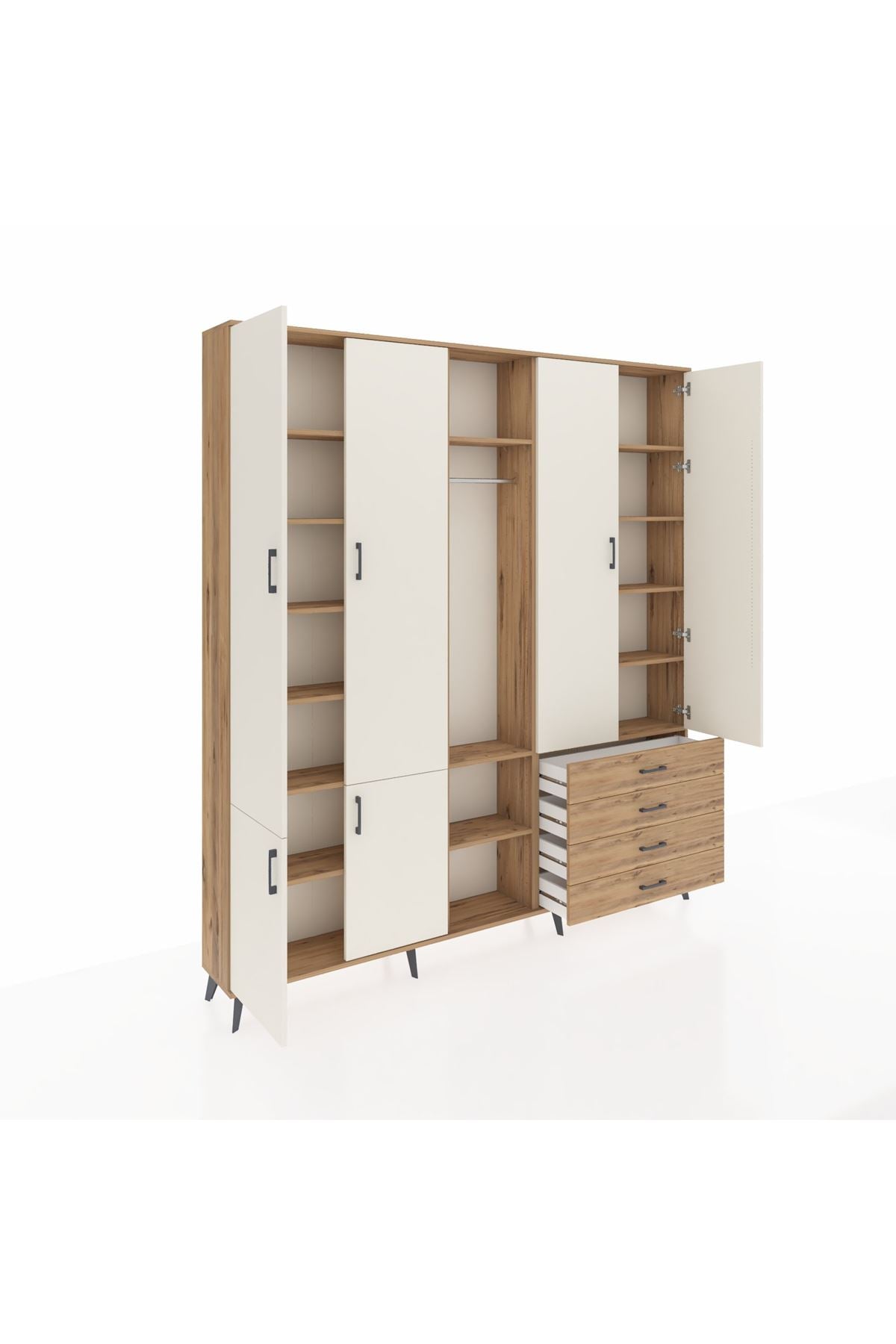 Arges Dolap 14 Raflı 4 Çekmeceli Tek Askılı 220x30x243 Çam-Aytaşı/Çam