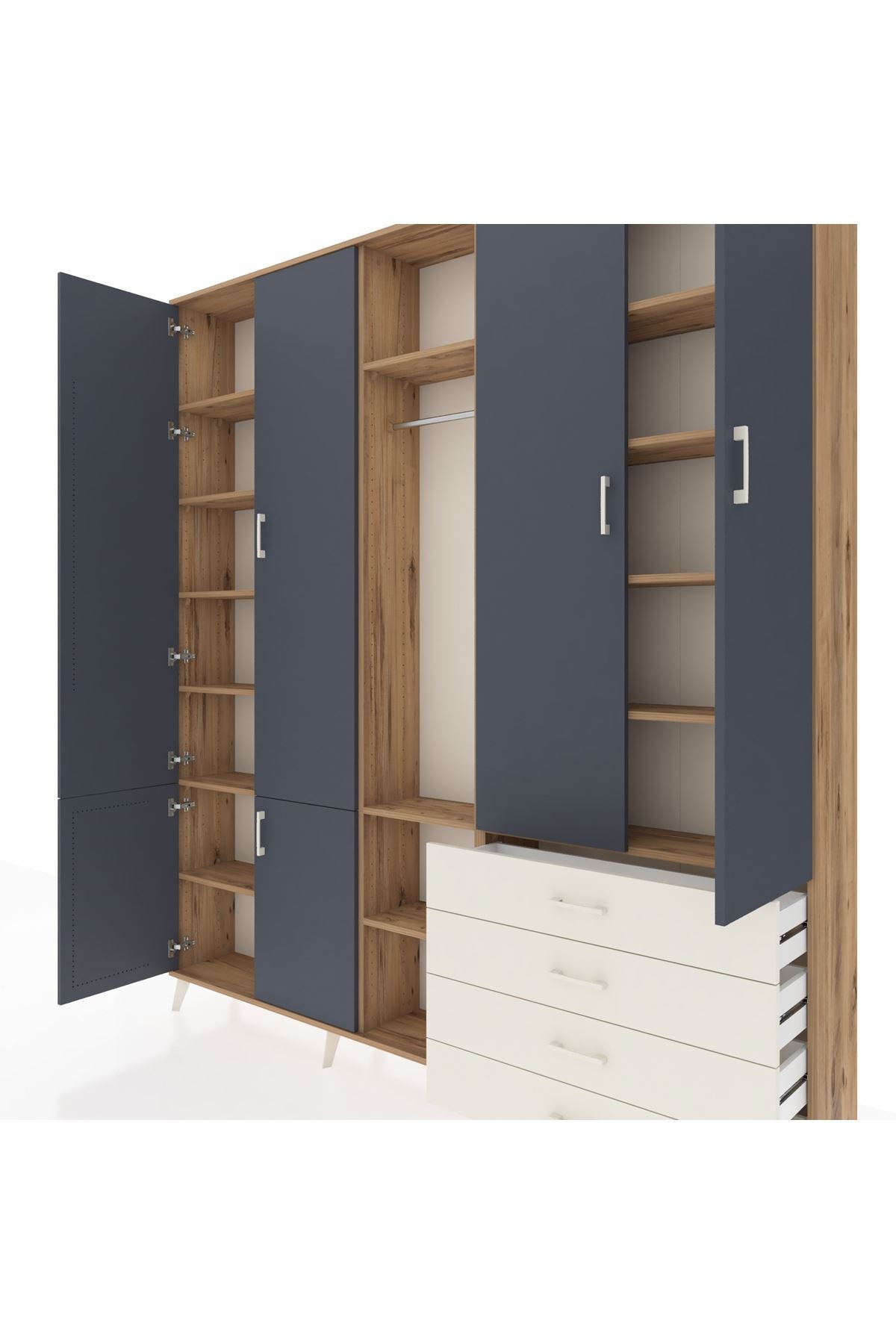 Arges Dolap 14 Raflı 4 Çekmeceli Tek Askılı 220x30x243 Çam-Antrasit/Aytaşı