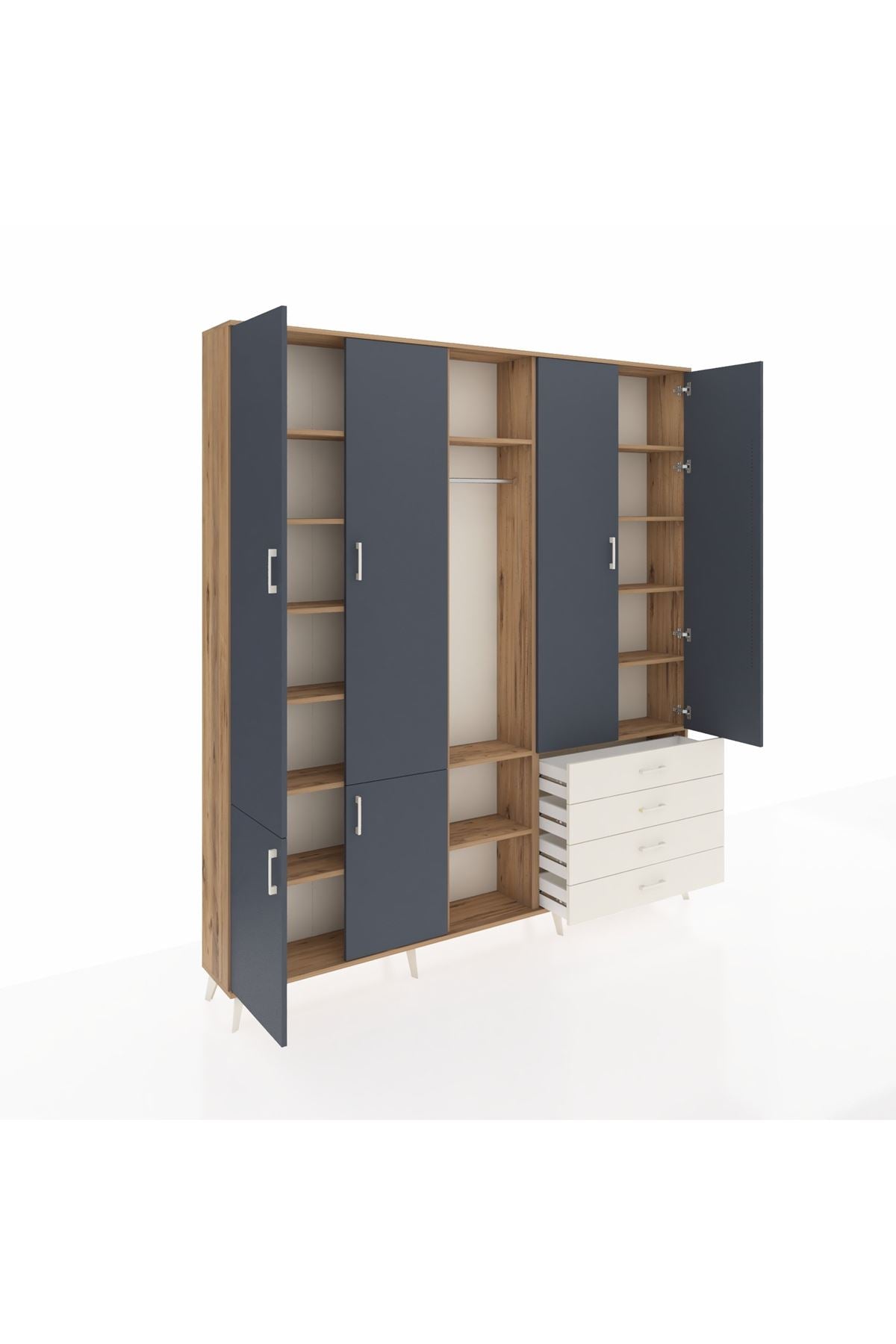 Arges Dolap 14 Raflı 4 Çekmeceli Tek Askılı 220x30x243 Çam-Antrasit/Aytaşı