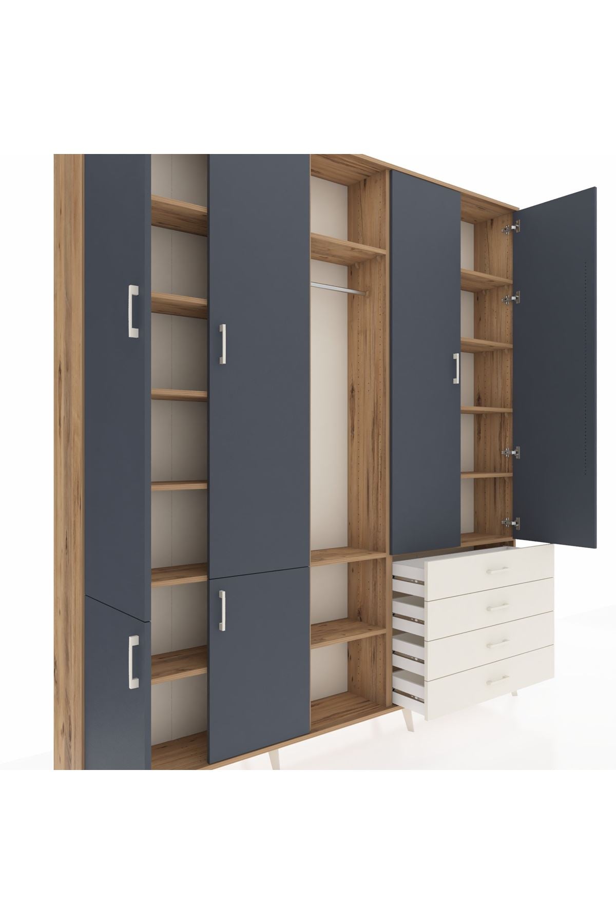 Arges Dolap 14 Raflı 4 Çekmeceli Tek Askılı 220x30x243 Çam-Antrasit/Aytaşı