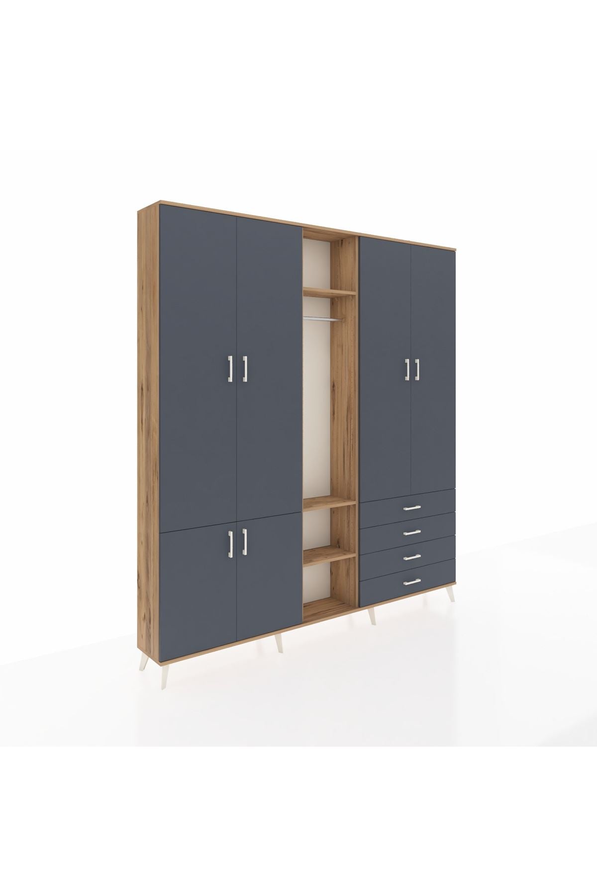 Arges Gardrop 14 Raflı 4 Çekmeceli Tek Askılı 220x30x243 Çam-Antrasit