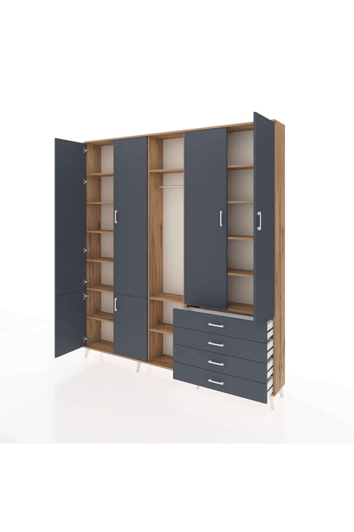 Arges Gardrop 14 Raflı 4 Çekmeceli Tek Askılı 220x30x243 Çam-Antrasit