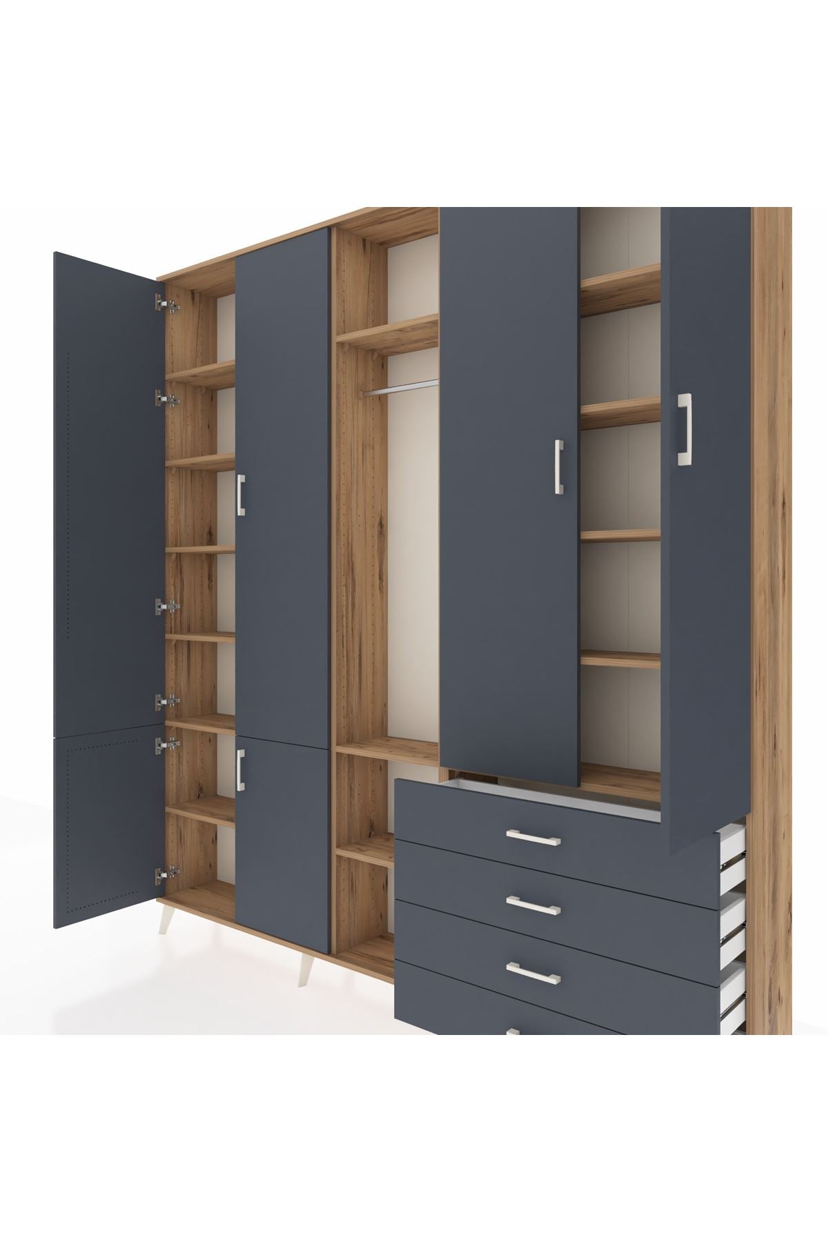 Arges Gardrop 14 Raflı 4 Çekmeceli Tek Askılı 220x30x243 Çam-Antrasit