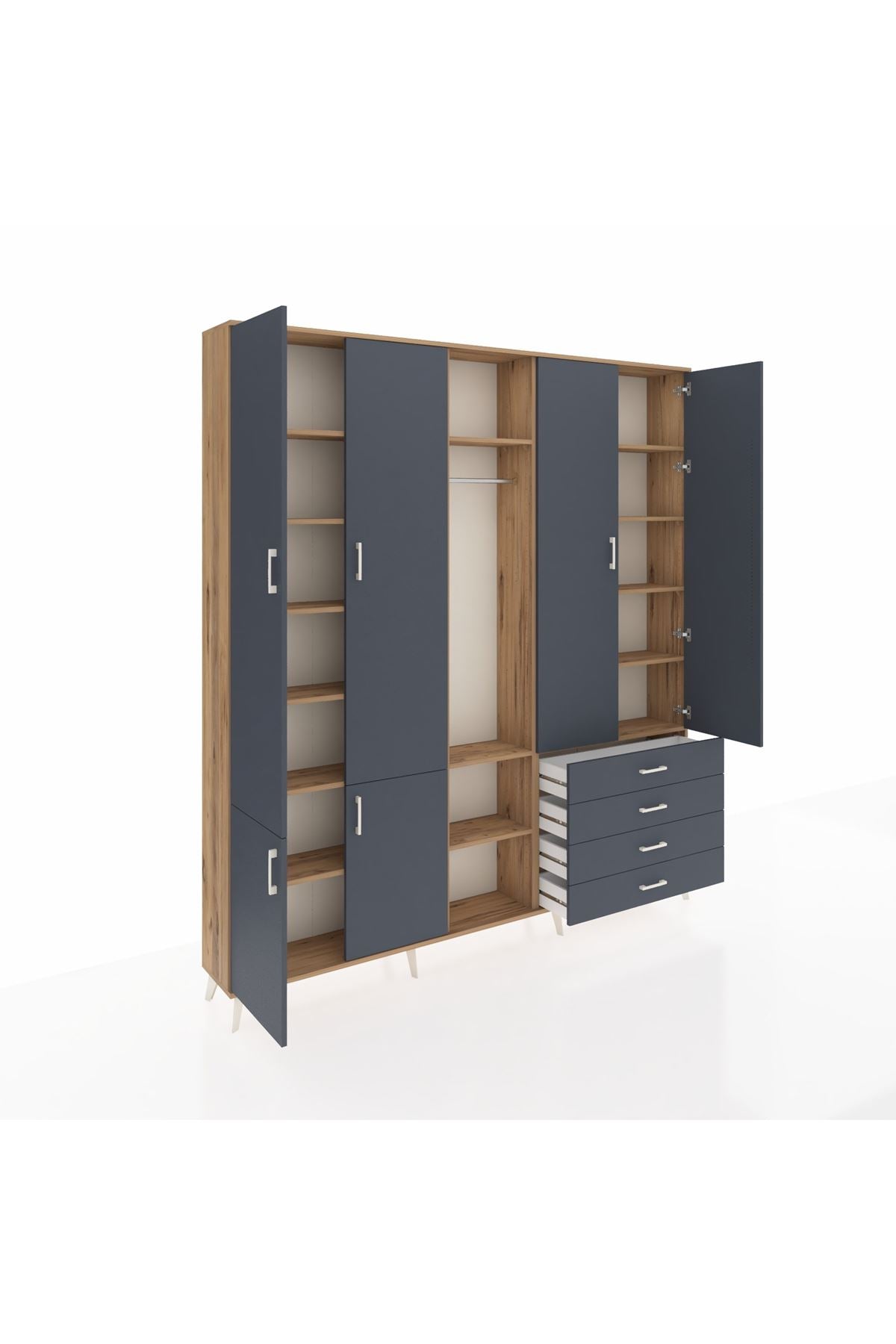 Arges Gardrop 14 Raflı 4 Çekmeceli Tek Askılı 220x30x243 Çam-Antrasit