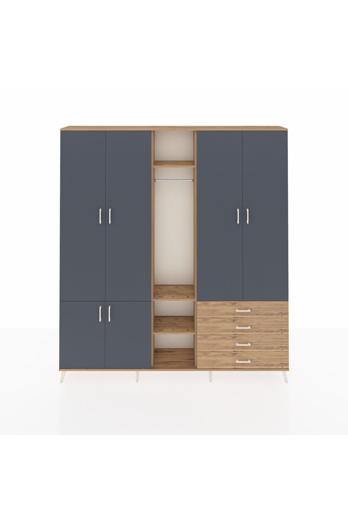 Arges Dolap 14 Raflı 4 Çekmeceli Tek Askılı 220x30x243 Çam-Antrasit/Çam