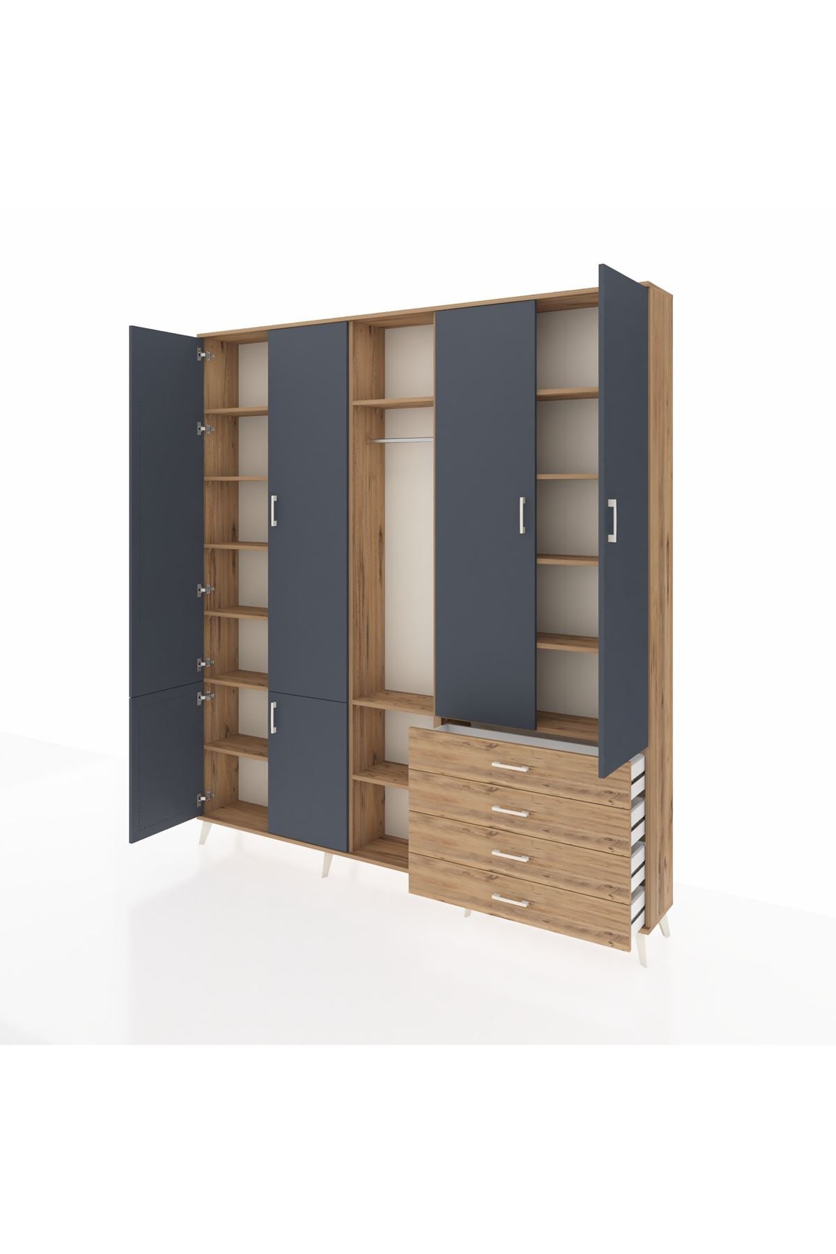 Arges Dolap 14 Raflı 4 Çekmeceli Tek Askılı 220x30x243 Çam-Antrasit/Çam