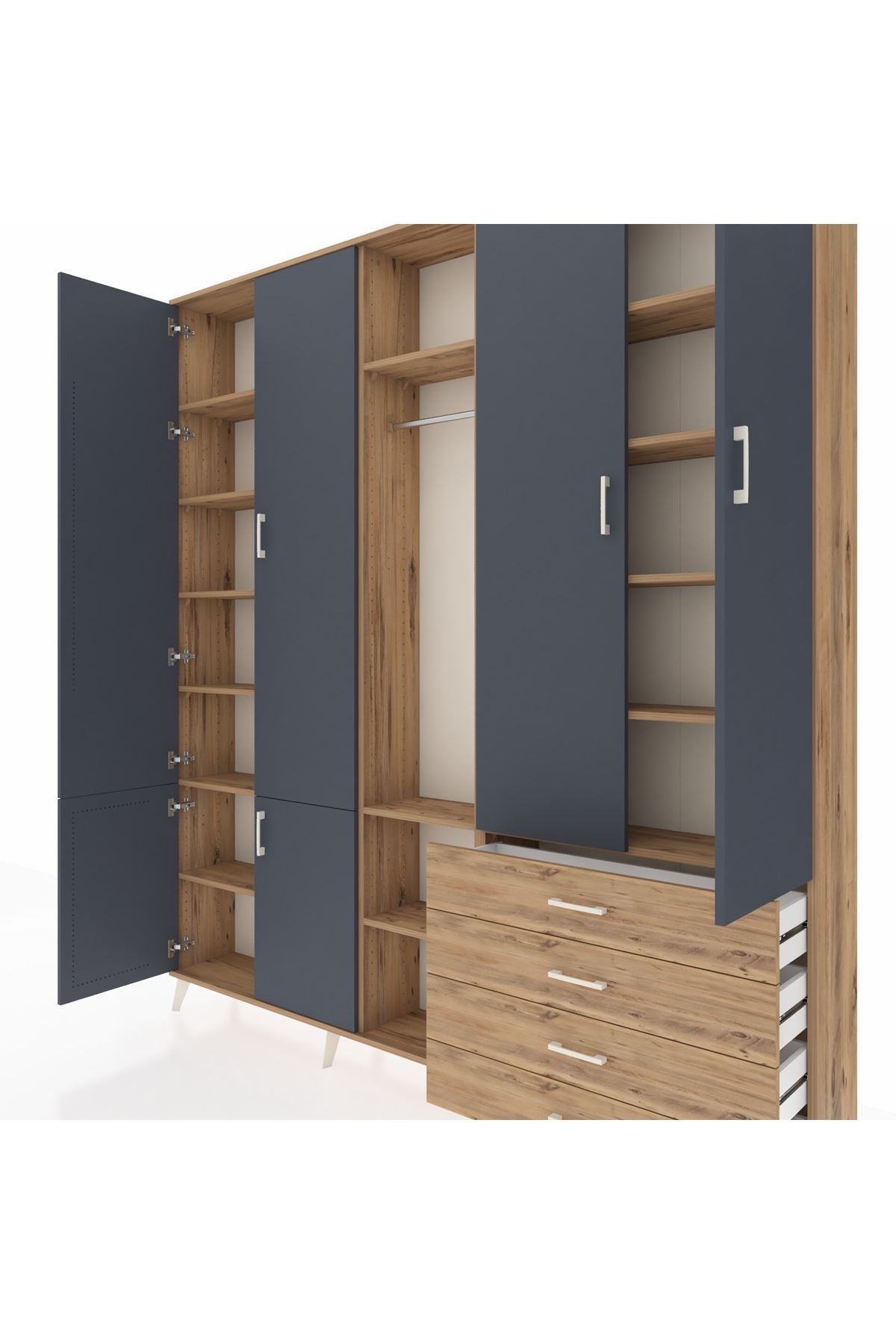 Arges Dolap 14 Raflı 4 Çekmeceli Tek Askılı 220x30x243 Çam-Antrasit/Çam