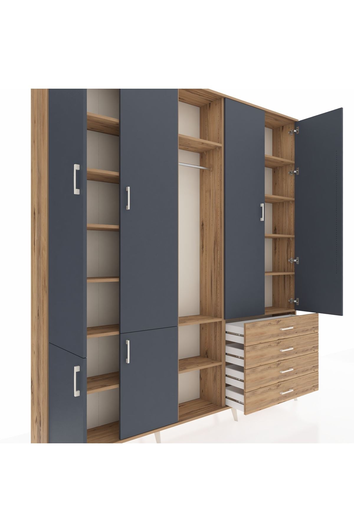 Arges Dolap 14 Raflı 4 Çekmeceli Tek Askılı 220x30x243 Çam-Antrasit/Çam