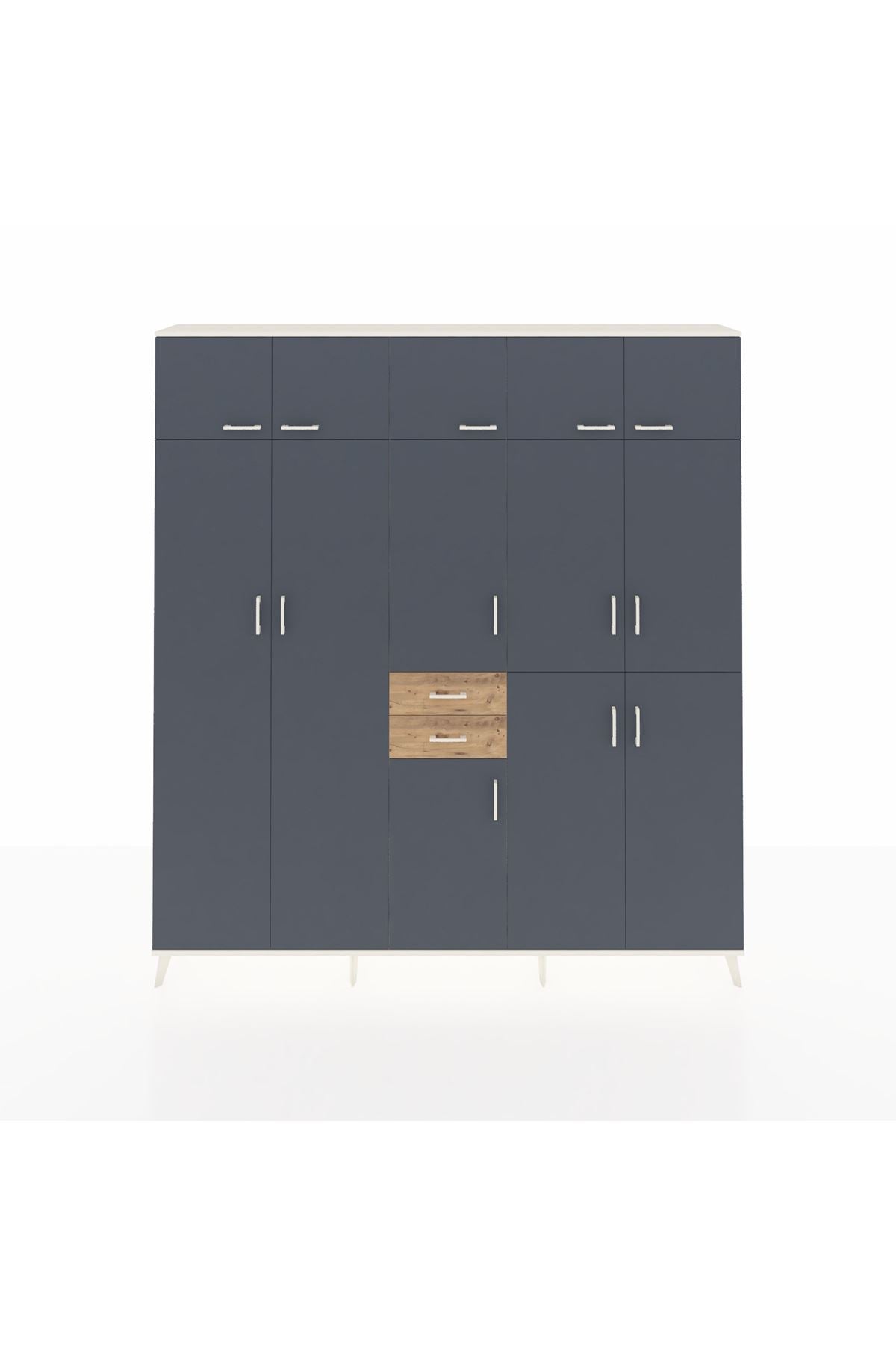 Arges Dolap 10 Raflı 2 Çekmeceli 3 Askılı 220x30x243 Aytaşı-Antrasit/Çam