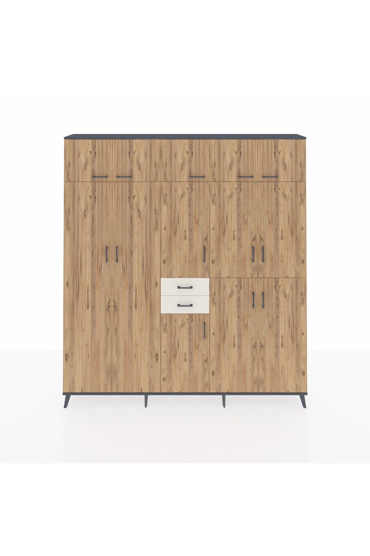 Arges Dolap 10 Raflı 2 Çekmeceli 3 Askılı 220x30x243 Antrasit-Çam/Aytaşı