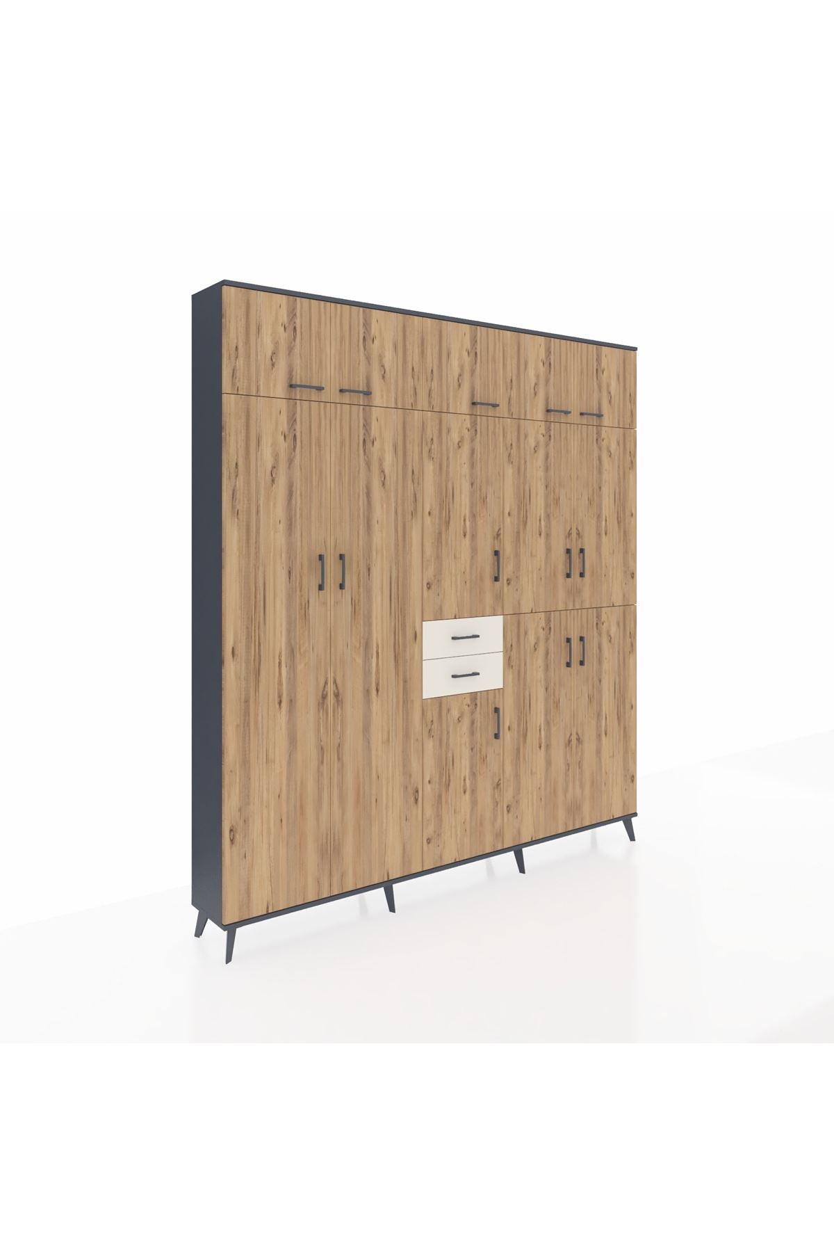 Arges Dolap 10 Raflı 2 Çekmeceli 3 Askılı 220x30x243 Antrasit-Çam/Aytaşı