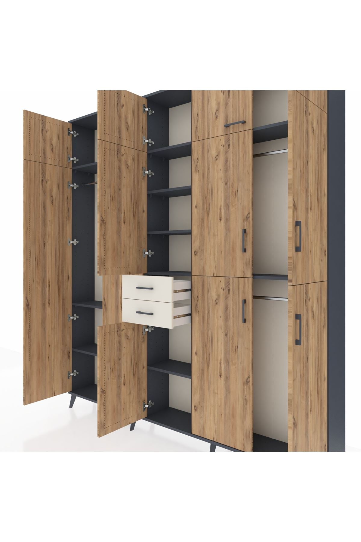 Arges Dolap 10 Raflı 2 Çekmeceli 3 Askılı 220x30x243 Antrasit-Çam/Aytaşı