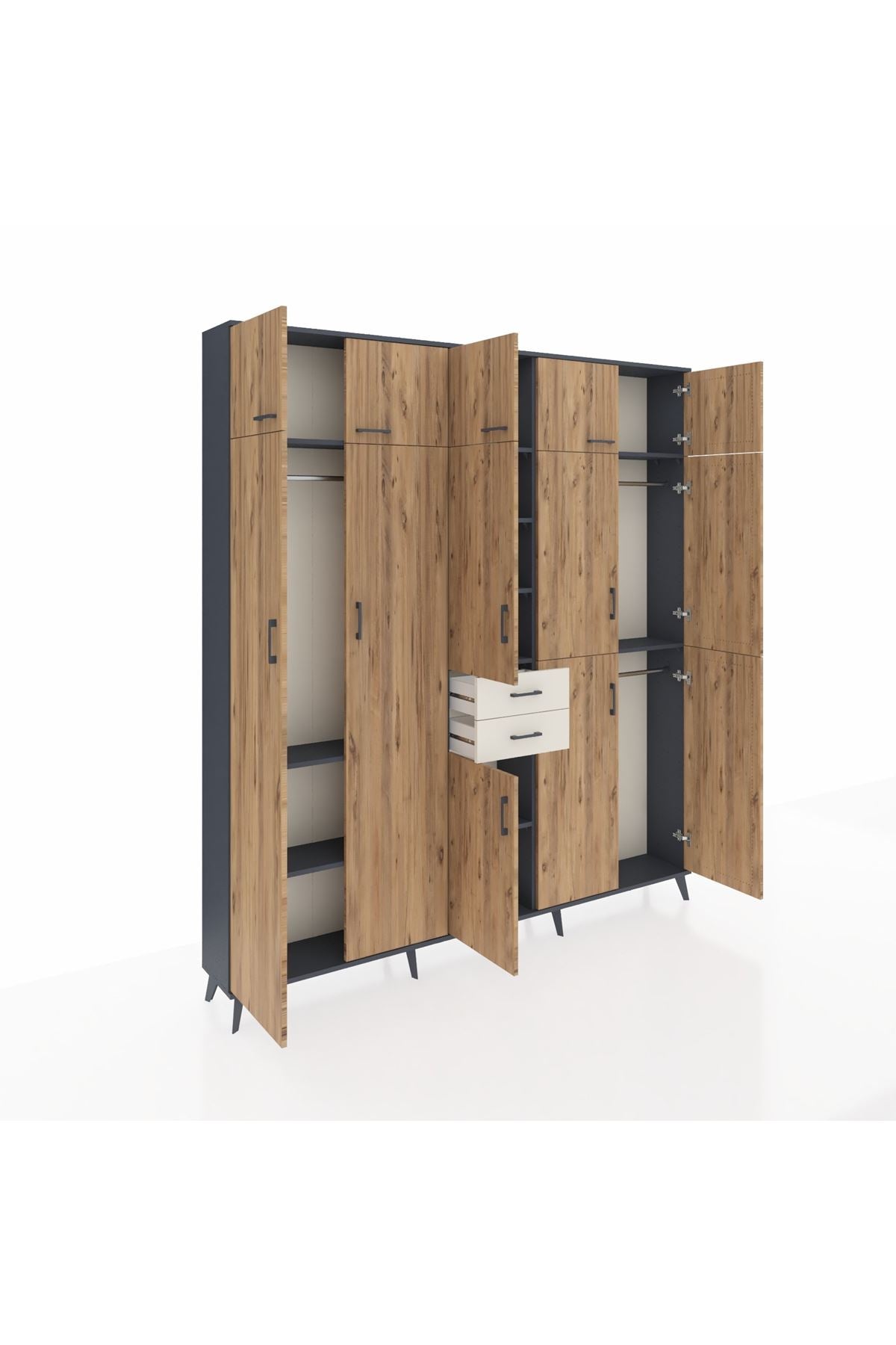 Arges Dolap 10 Raflı 2 Çekmeceli 3 Askılı 220x30x243 Antrasit-Çam/Aytaşı