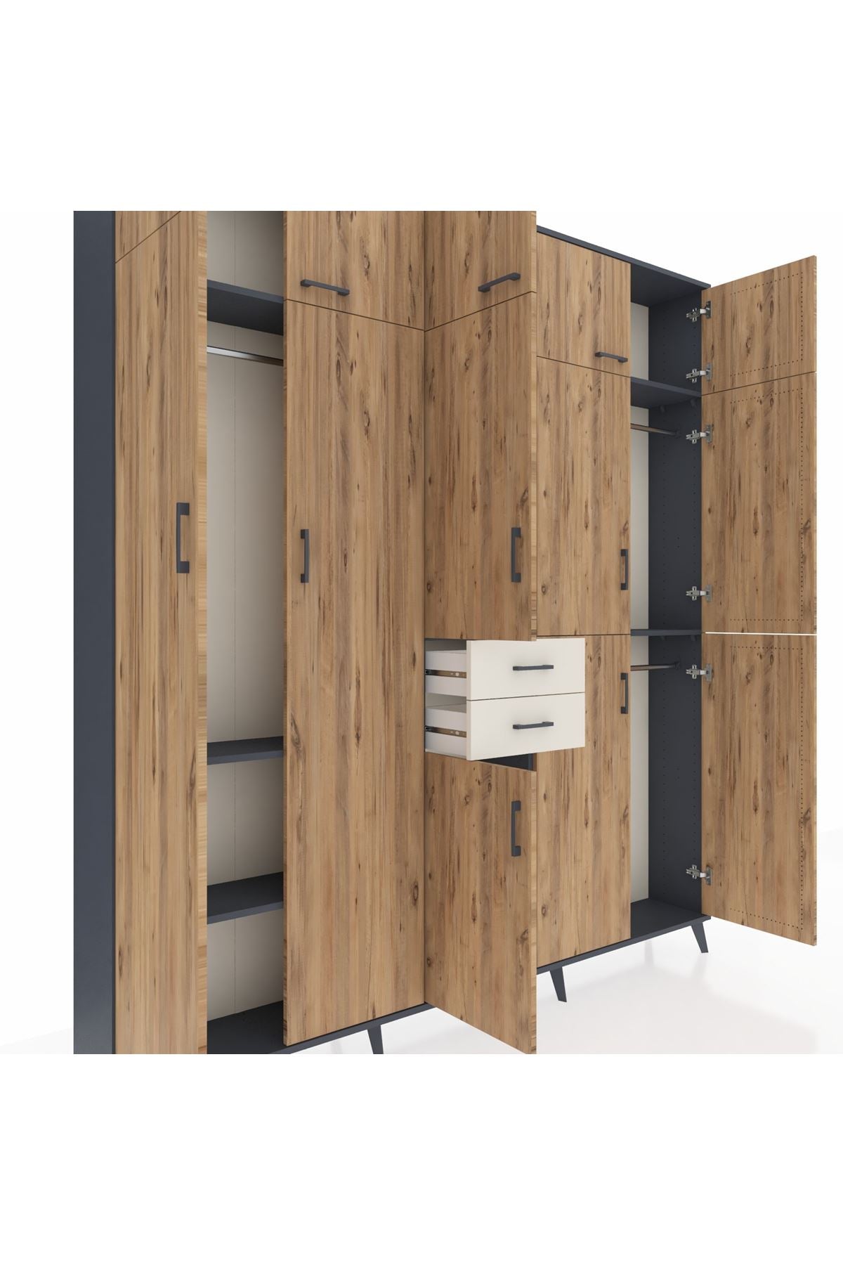 Arges Dolap 10 Raflı 2 Çekmeceli 3 Askılı 220x30x243 Antrasit-Çam/Aytaşı