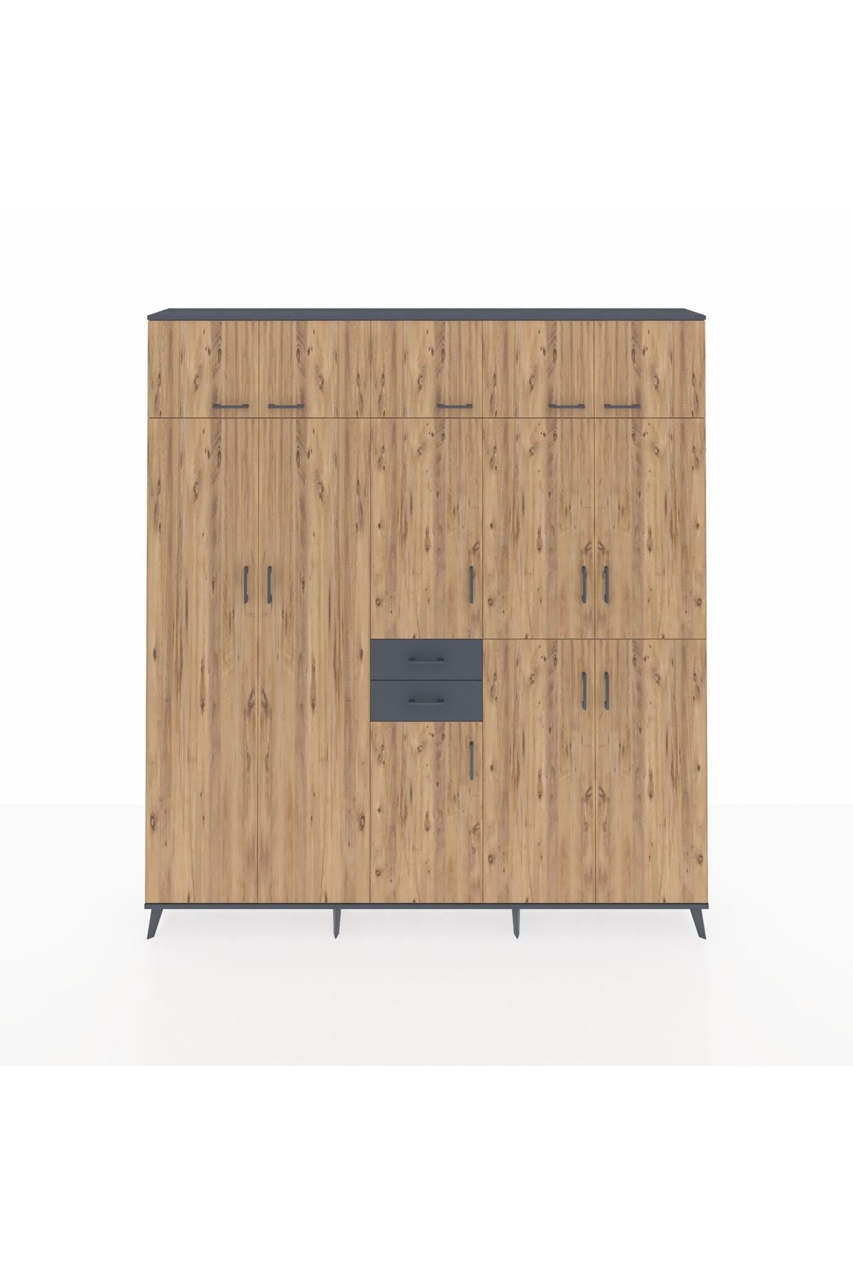 Arges Dolap 10 Raflı 2 Çekmeceli 3 Askılı 220x30x243 Antrasit-Çam/Antrasit