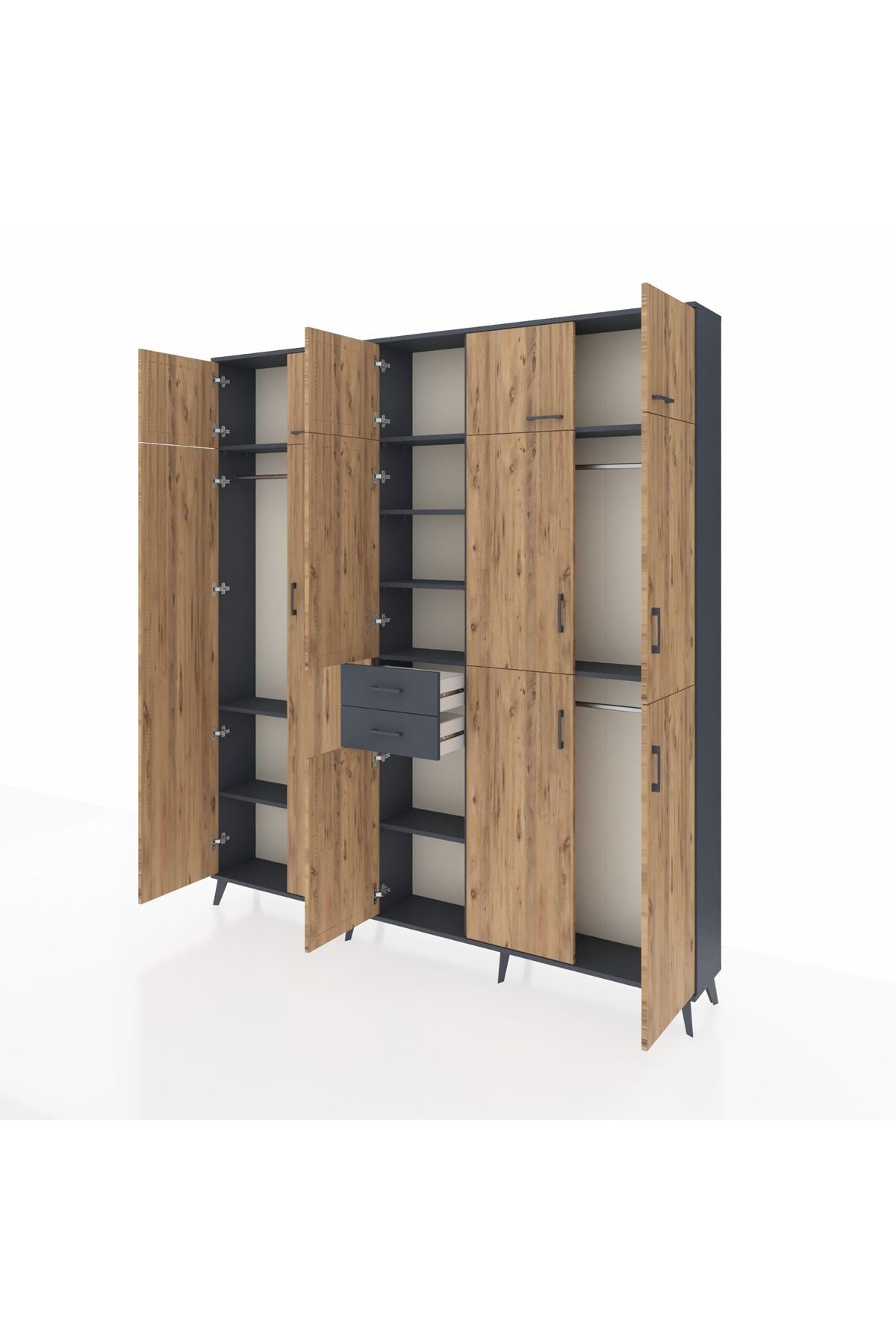 Arges Dolap 10 Raflı 2 Çekmeceli 3 Askılı 220x30x243 Antrasit-Çam/Antrasit