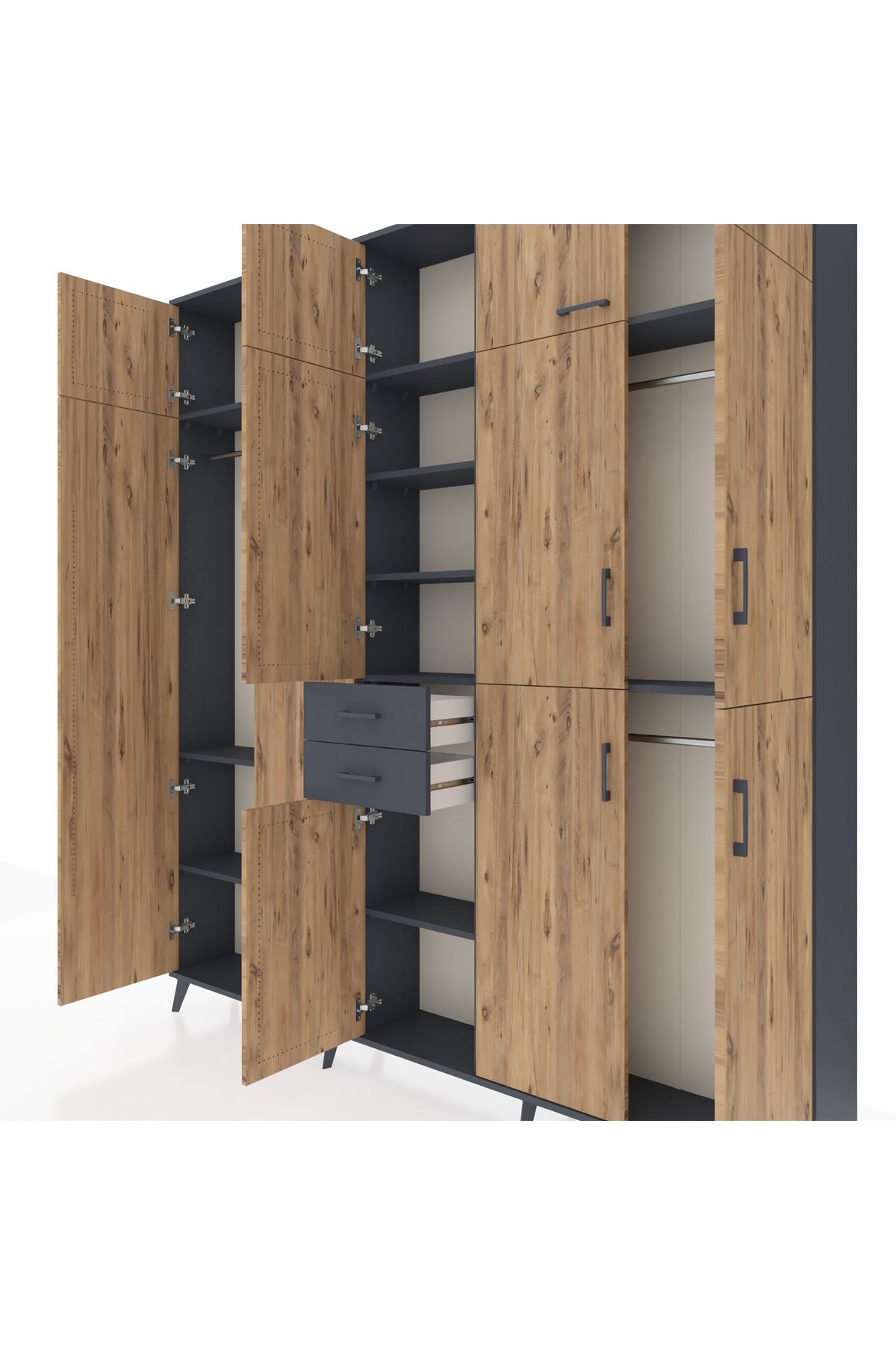 Arges Dolap 10 Raflı 2 Çekmeceli 3 Askılı 220x30x243 Antrasit-Çam/Antrasit