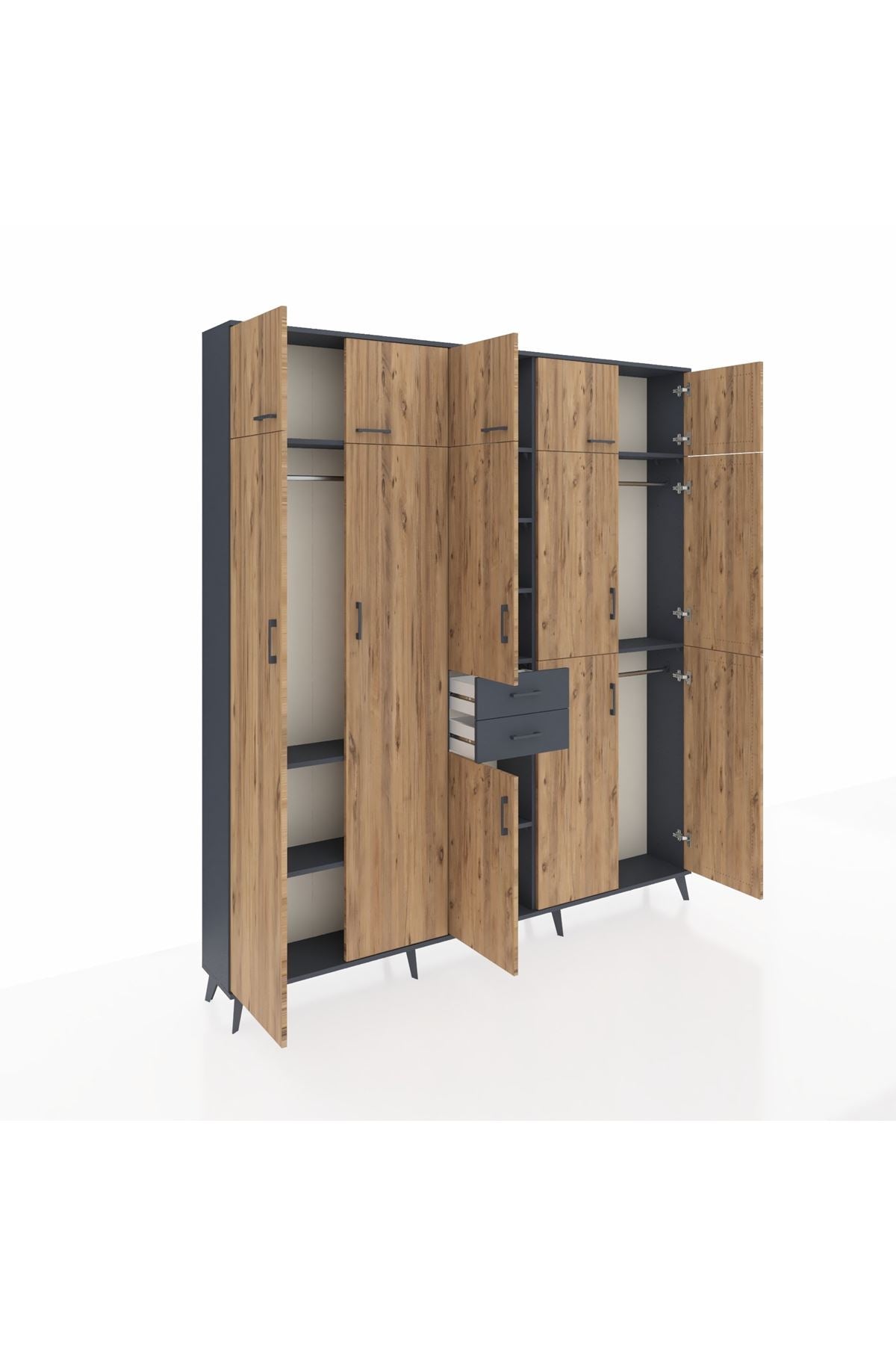 Arges Dolap 10 Raflı 2 Çekmeceli 3 Askılı 220x30x243 Antrasit-Çam/Antrasit