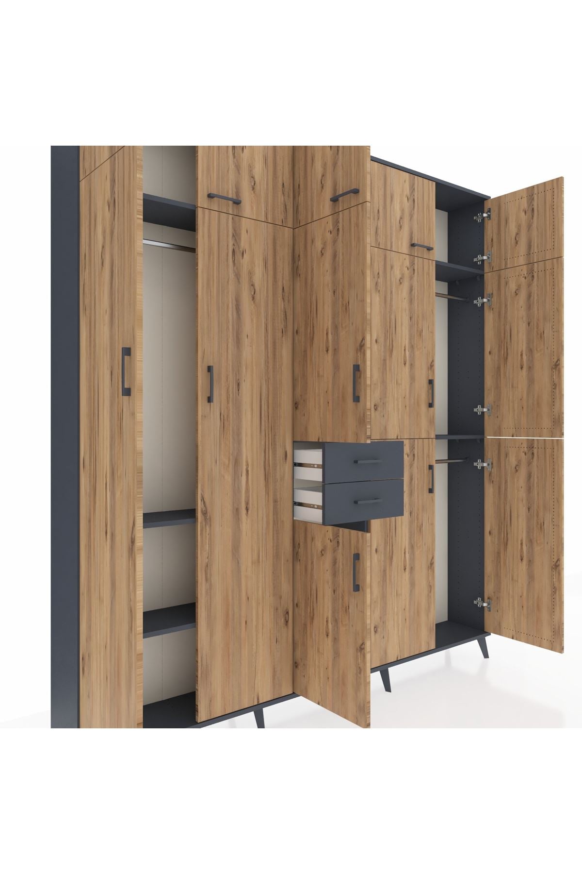 Arges Dolap 10 Raflı 2 Çekmeceli 3 Askılı 220x30x243 Antrasit-Çam/Antrasit