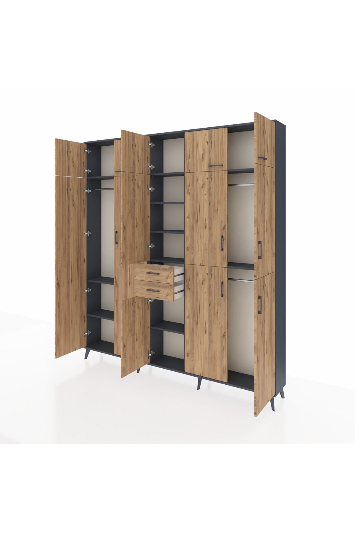 Arges Gardrop 10 Raflı 2 Çekmeceli 3 Askılı 220x30x243 Antrasit-Çam