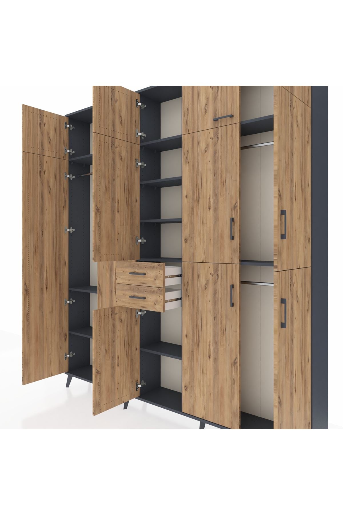 Arges Gardrop 10 Raflı 2 Çekmeceli 3 Askılı 220x30x243 Antrasit-Çam