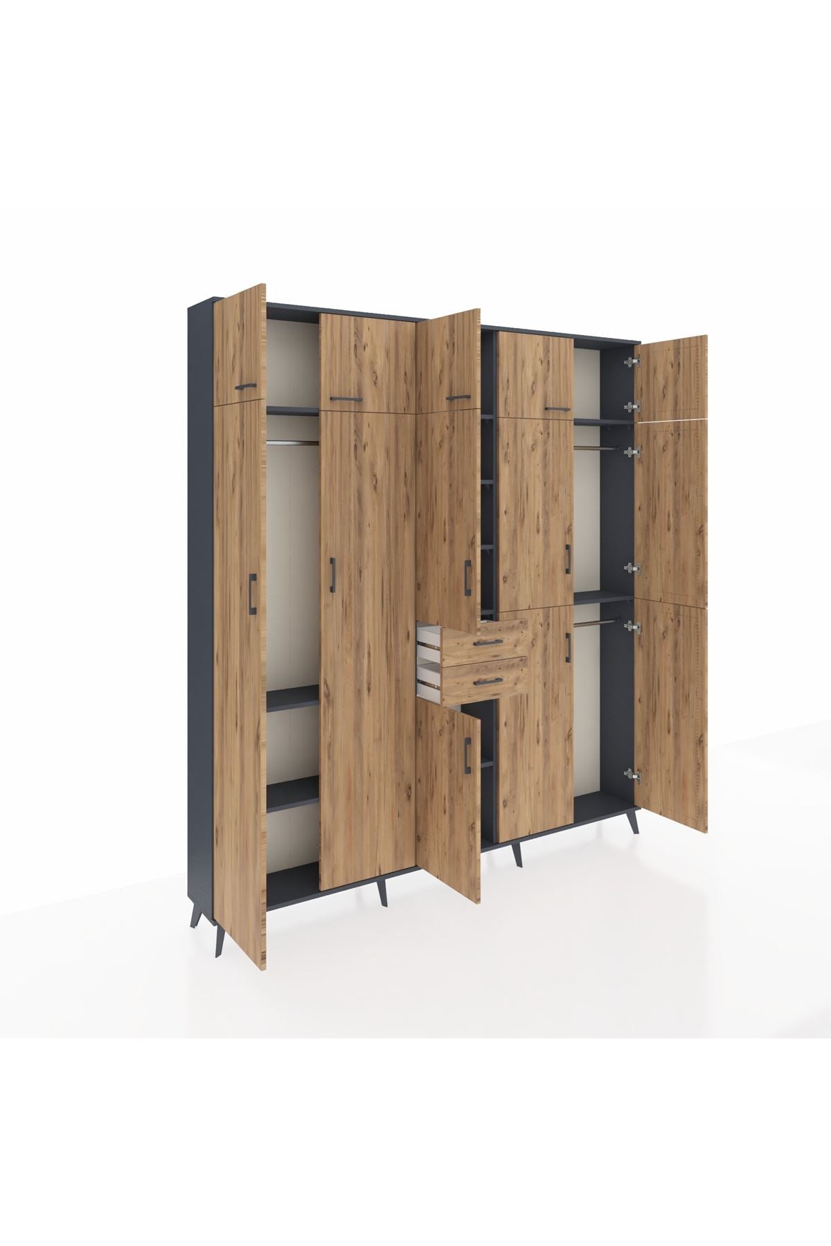 Arges Gardrop 10 Raflı 2 Çekmeceli 3 Askılı 220x30x243 Antrasit-Çam