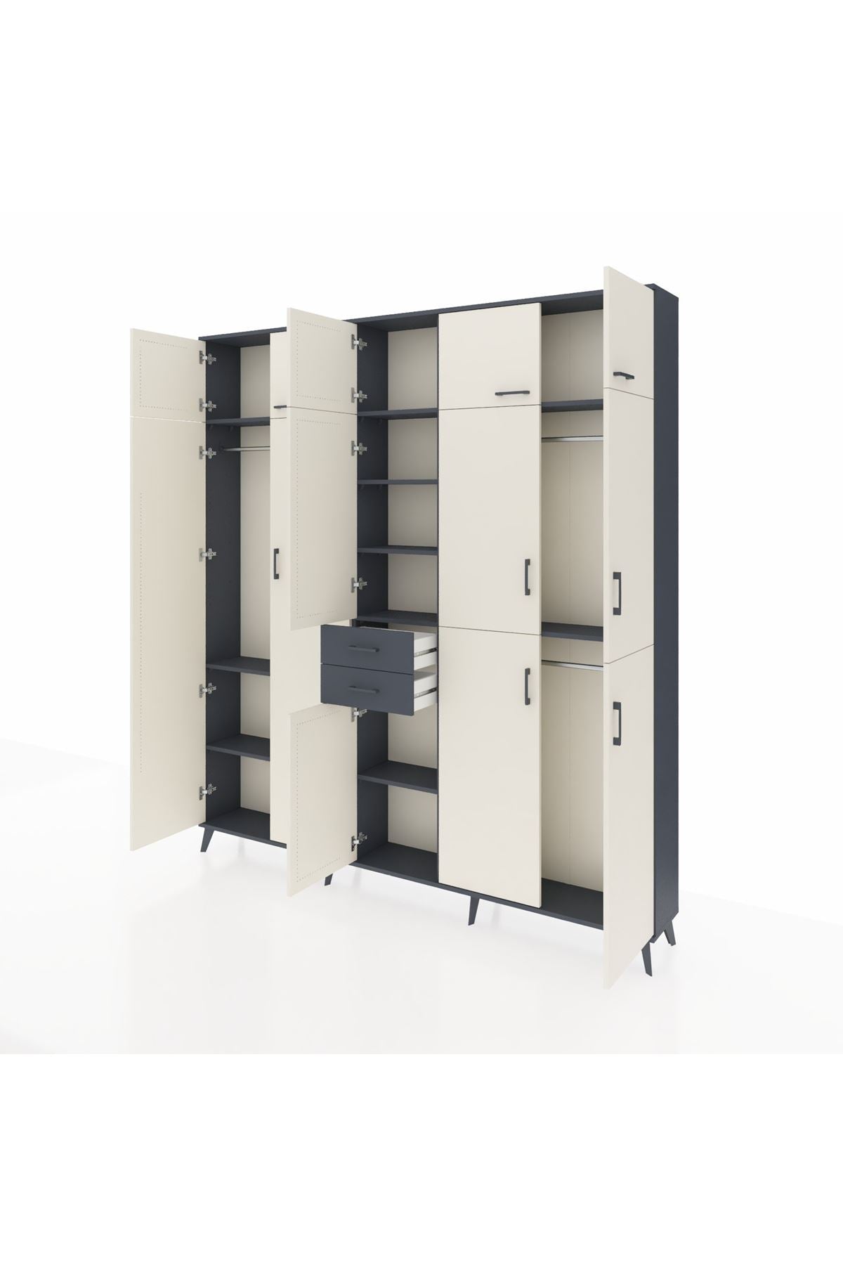 Arges Dolap 10 Raflı 2 Çekmeceli 3 Askılı 220x30x243 Antrasit-Aytaşı/Antrasit