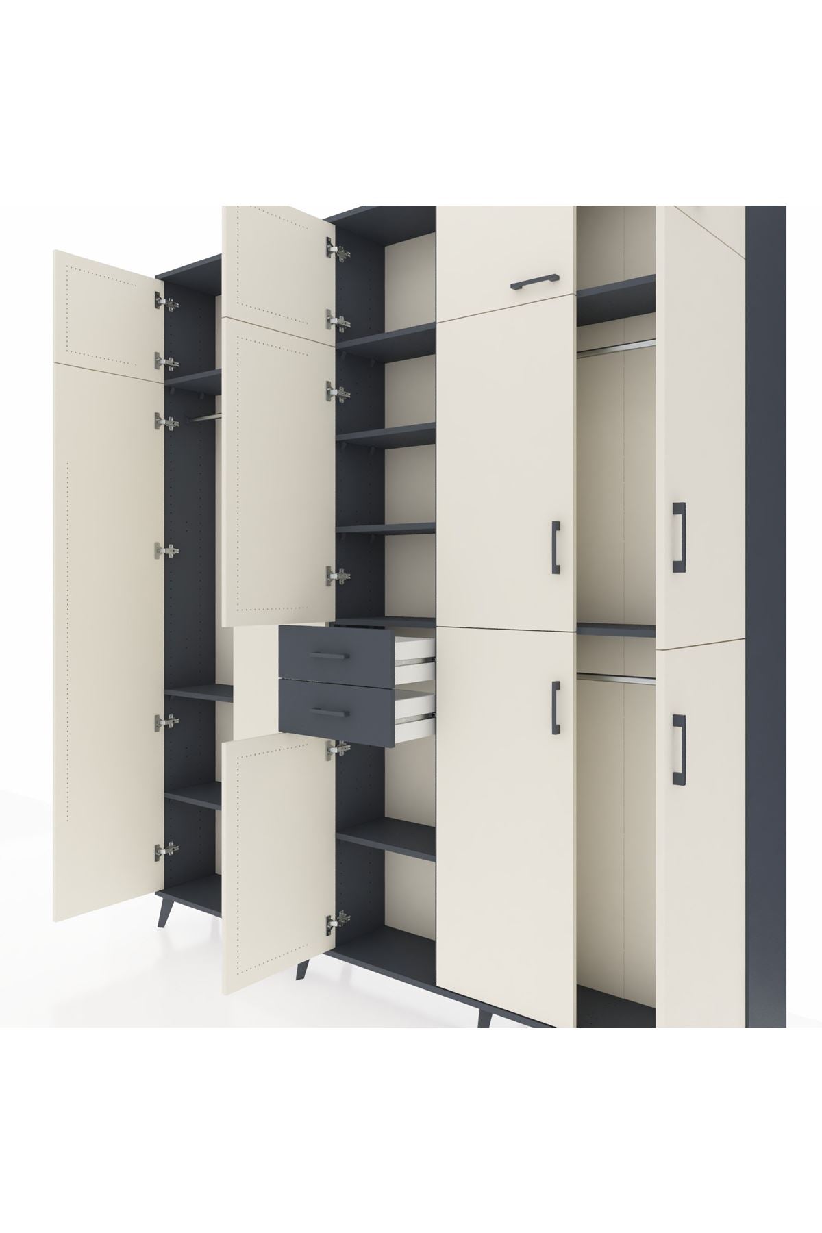 Arges Dolap 10 Raflı 2 Çekmeceli 3 Askılı 220x30x243 Antrasit-Aytaşı/Antrasit