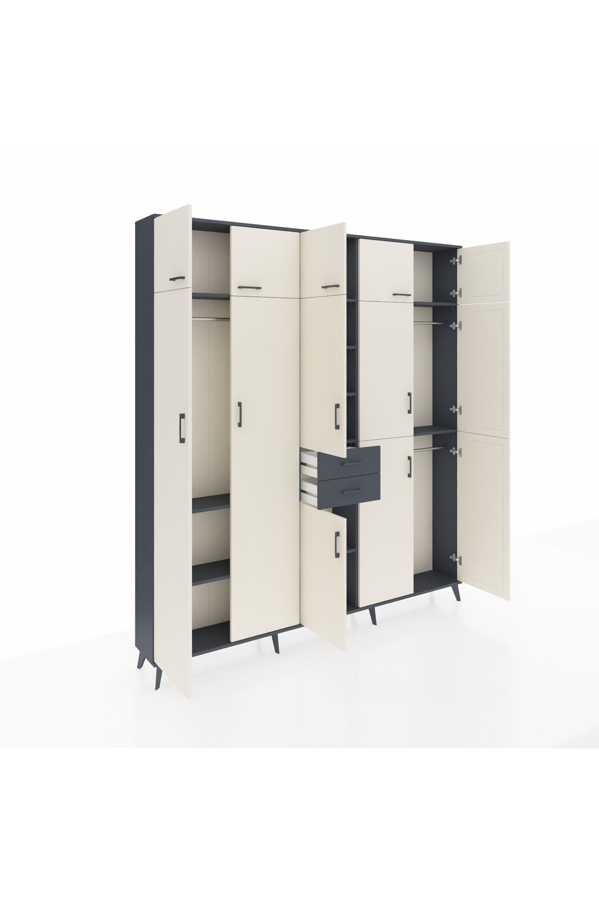 Arges Dolap 10 Raflı 2 Çekmeceli 3 Askılı 220x30x243 Antrasit-Aytaşı/Antrasit