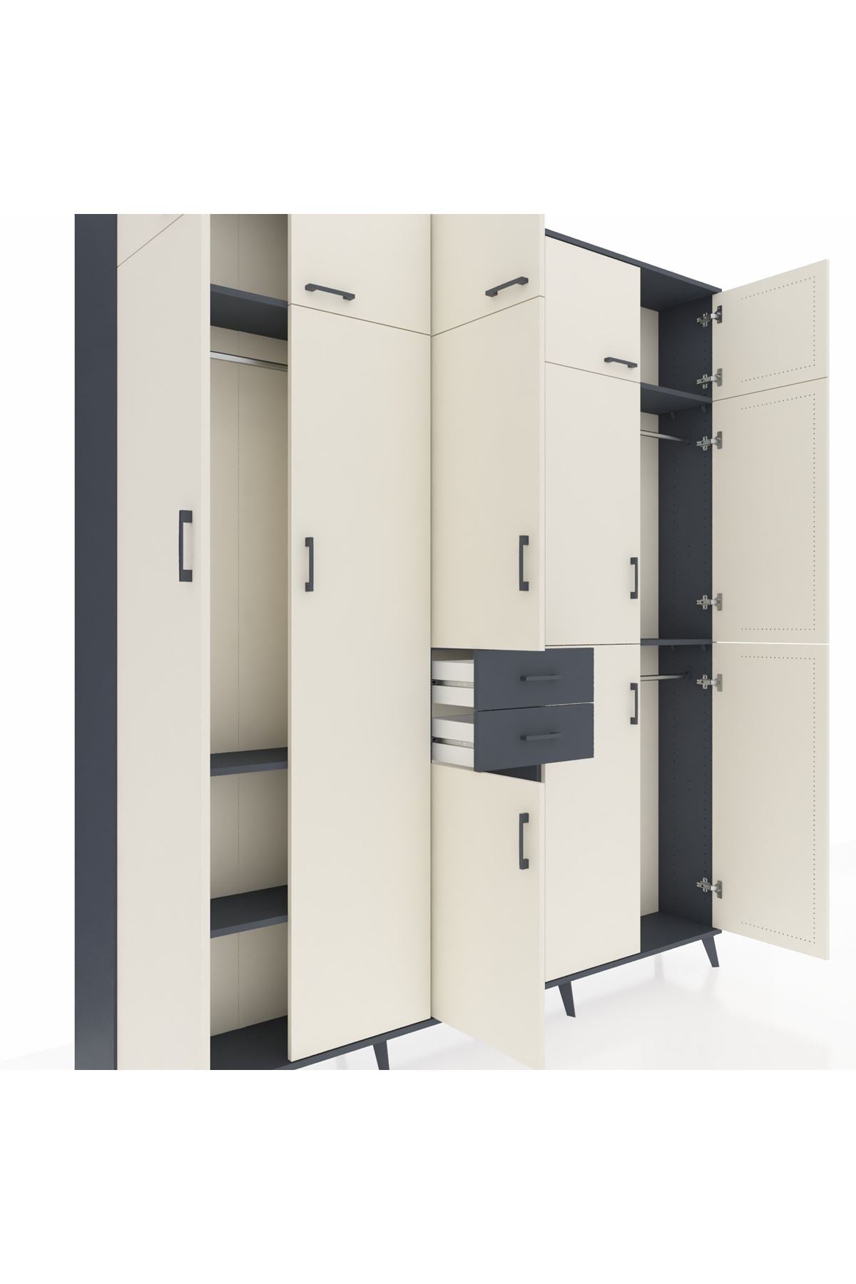 Arges Dolap 10 Raflı 2 Çekmeceli 3 Askılı 220x30x243 Antrasit-Aytaşı/Antrasit